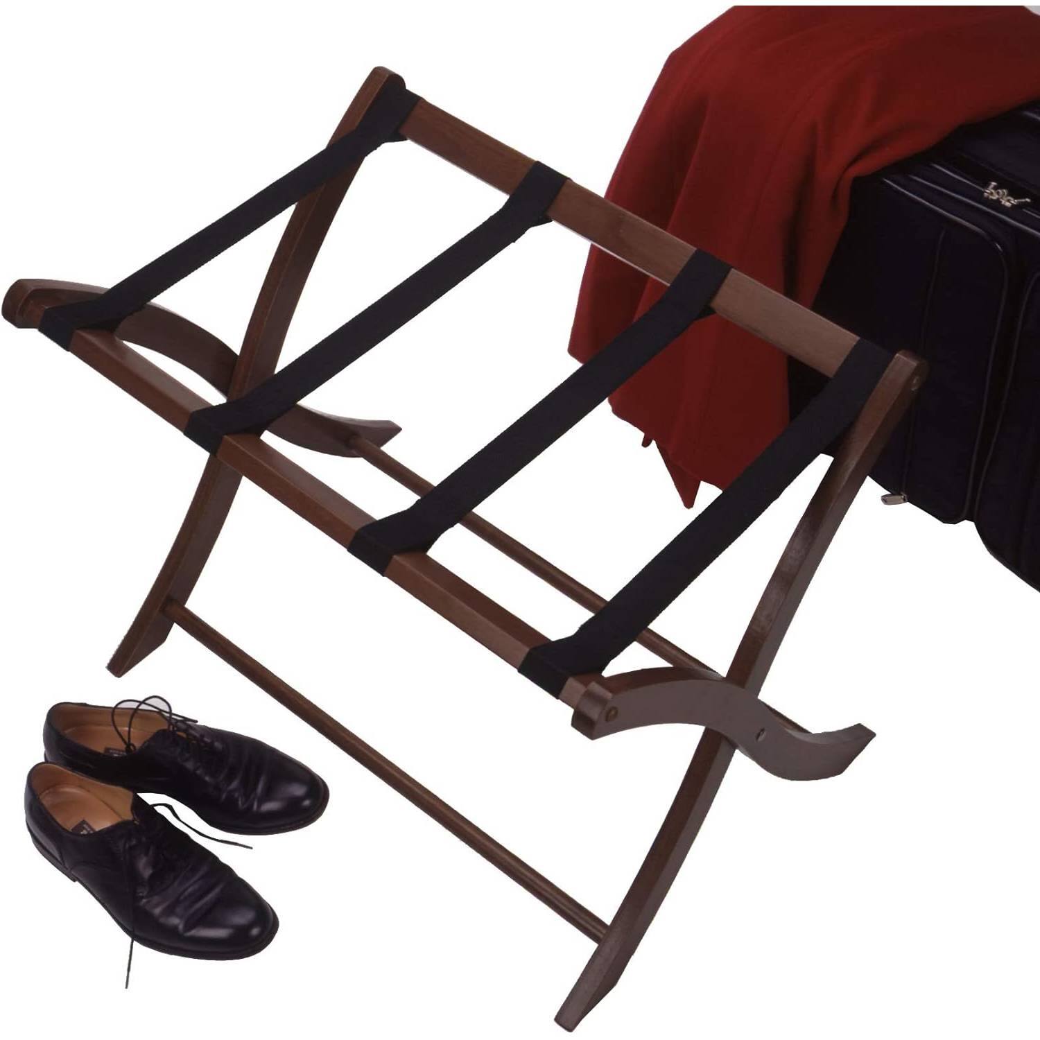 Left. Hivvago - Solid Wood Folding Luggage Rack in Medium Brown Finish with Black Nylon Straps - Brown.