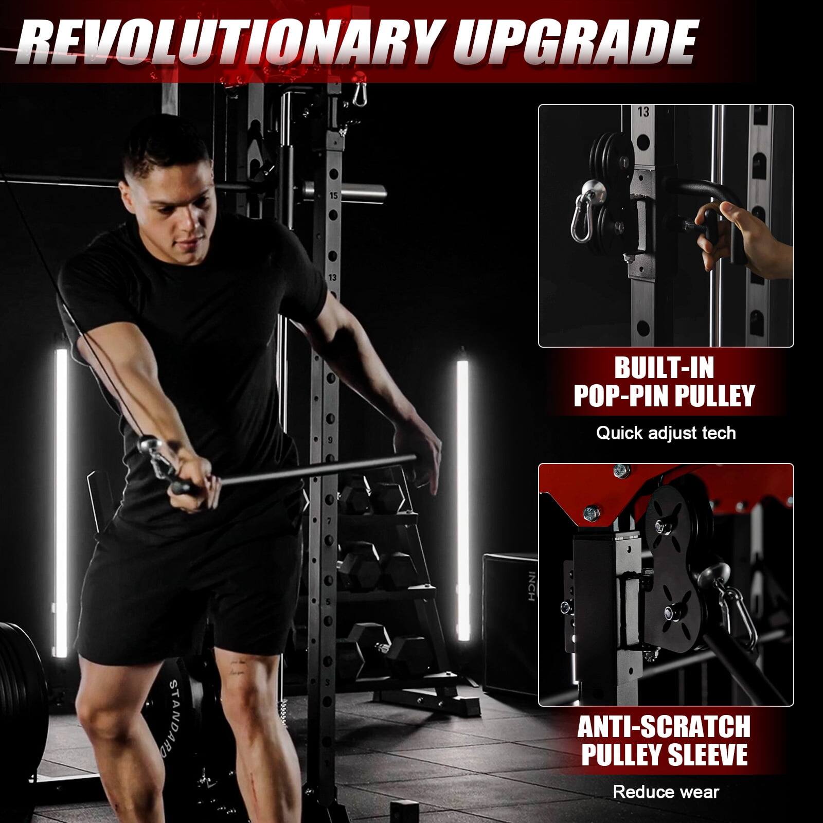 REVOLUTIONARY UPGRADE BUILT-IN POP-PIN PULLEY Quick adjust tech ANTI-SCRATCH PULLEY SLEEVE Reduce wear