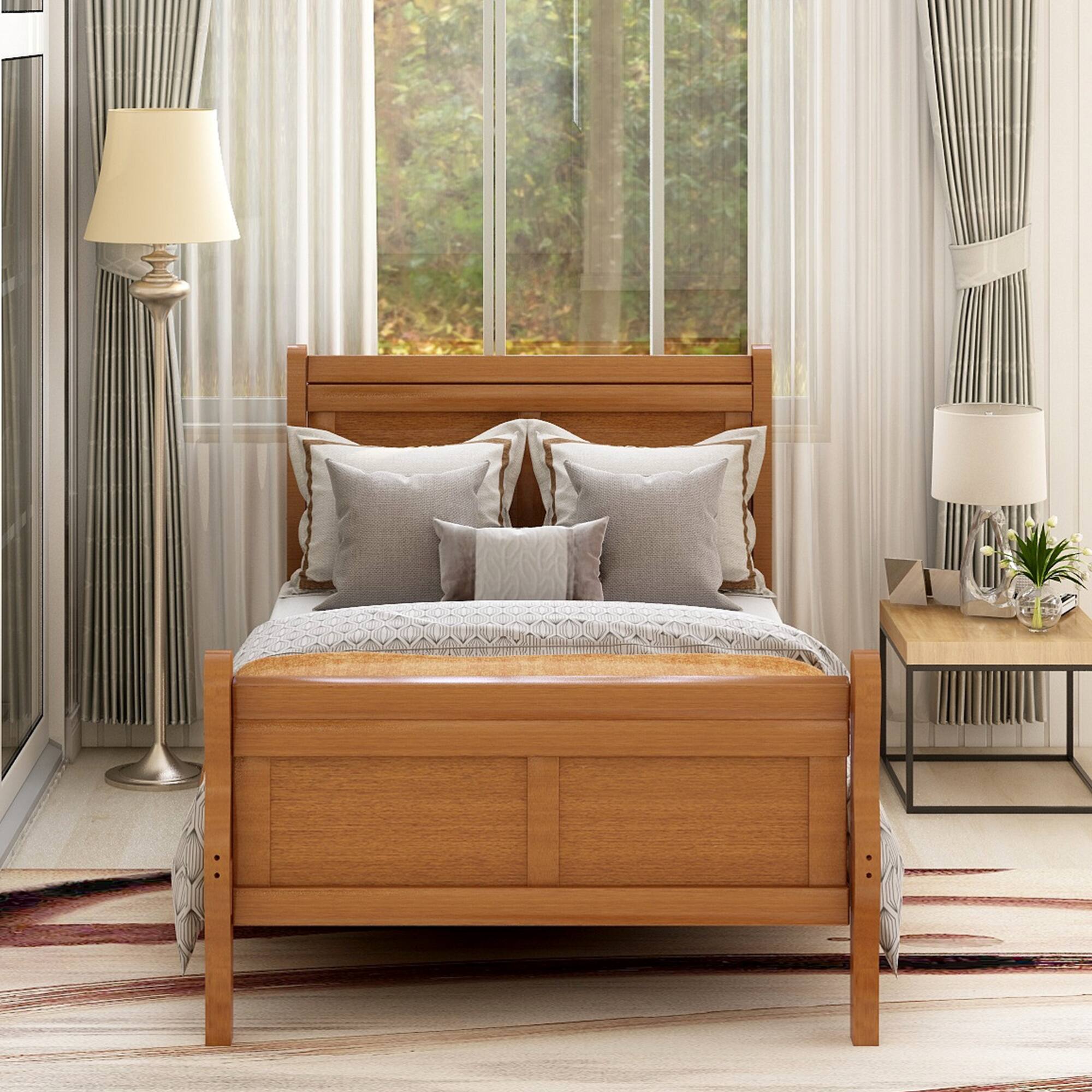 Back. GOODSILO - Solid Wood Twin Platform Bed Frame with Headboard and Footboard for Modern Bedroom Decor - Oak.