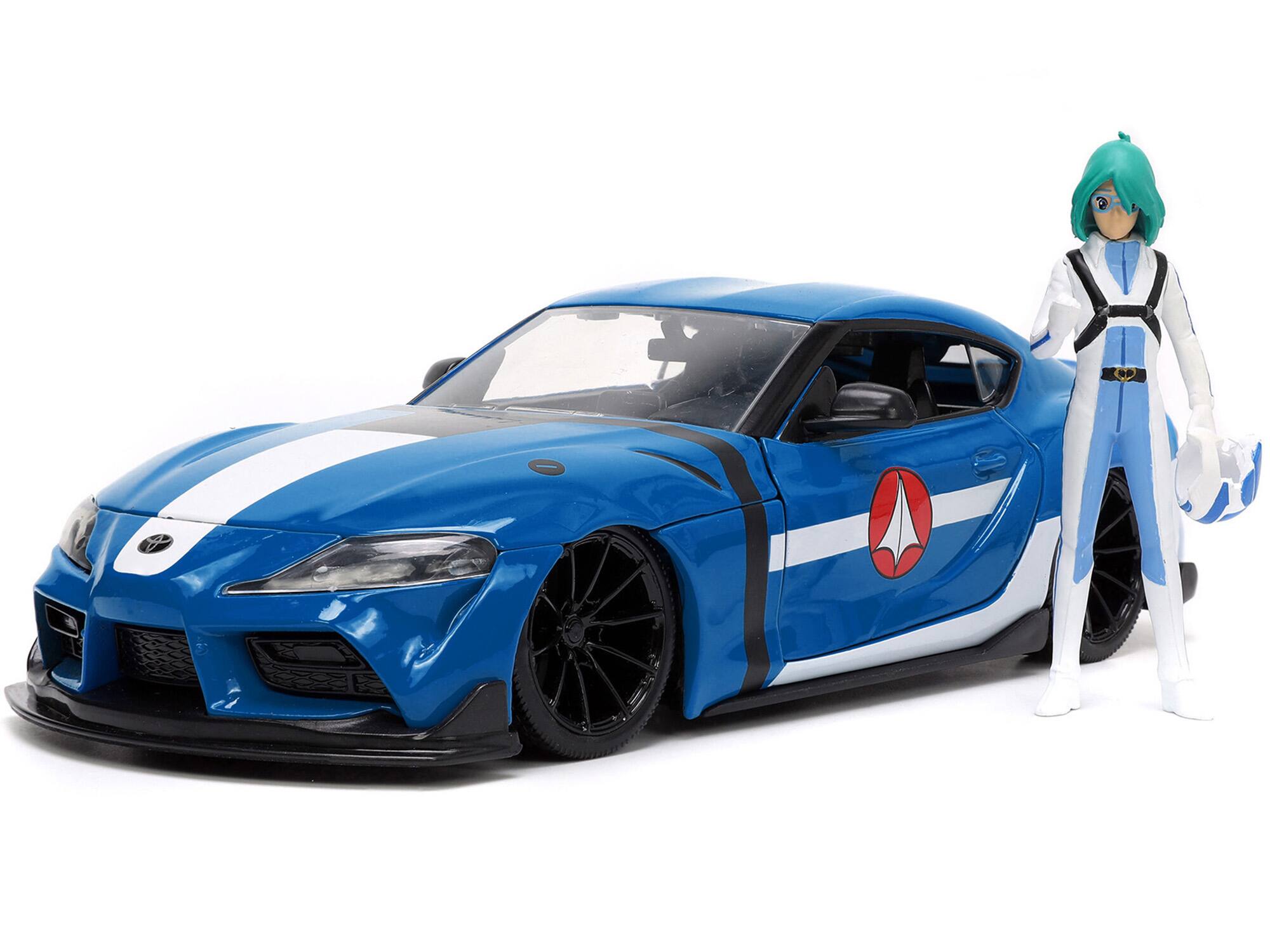 Alt View 5. Jada - 2020 Toyota Supra Blue w/Graphics & Max Sterling Figurine "Robotech" "Hollywood Rides" Series 1/24 Model Car by Jada.