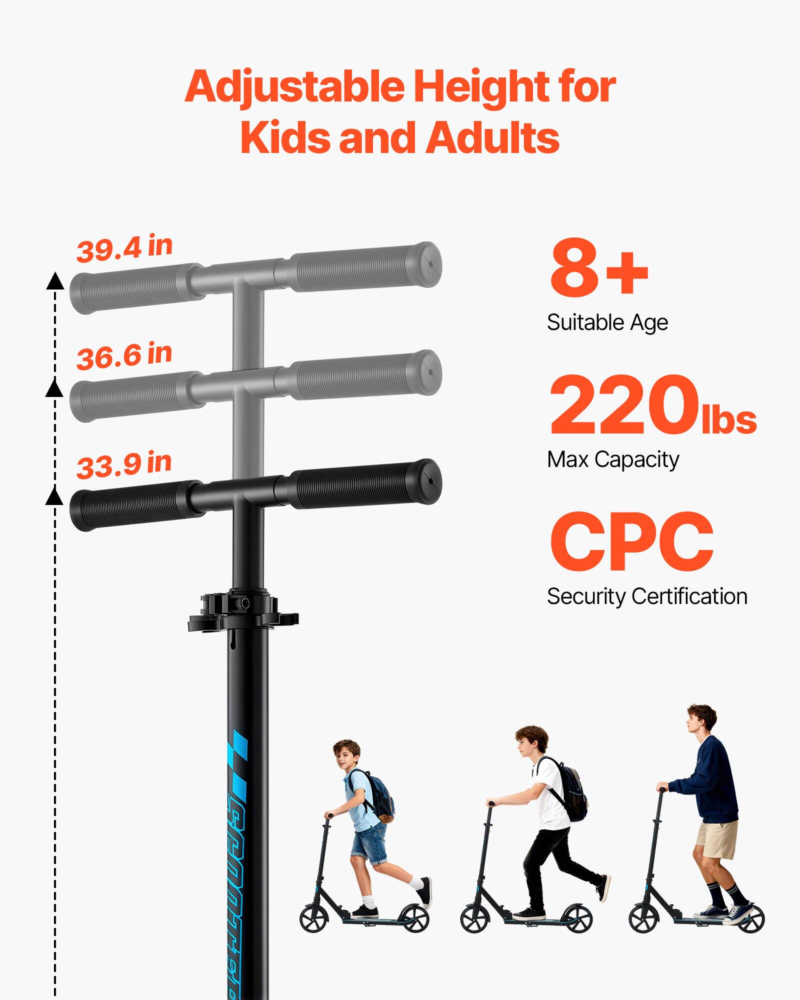 Adjustable Height for Kids and Adults  
39.4 in  
36.6 in  
33.9 in  

Suitable Age: 8+  
Max Capacity: 220 lbs  
CPC Security Certification