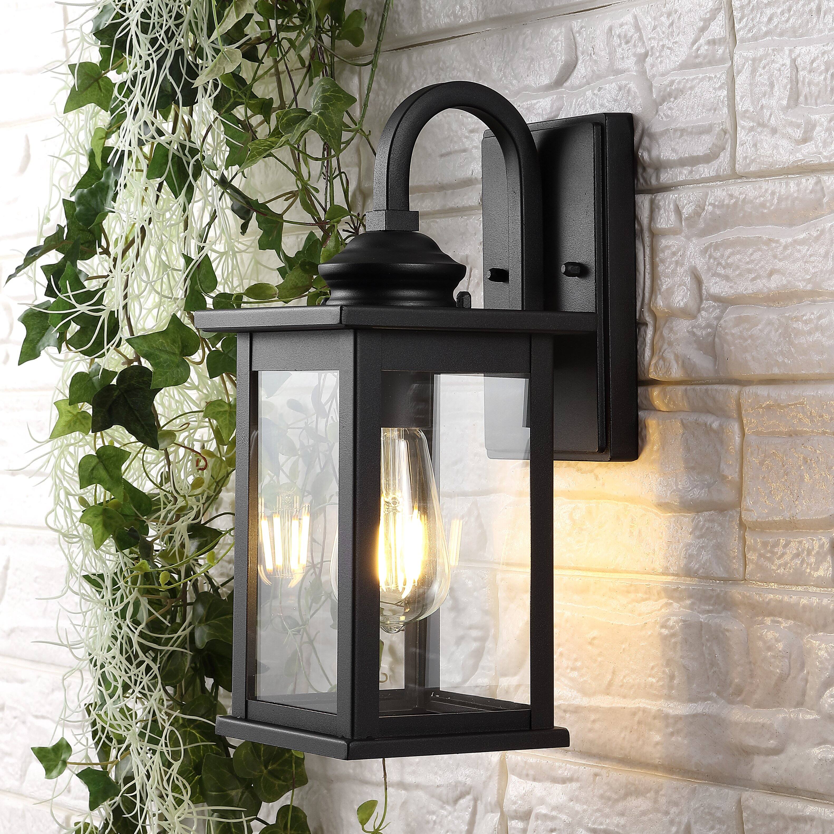 Alt View 1. Jonathan Y - Cary 5.9" 1-Light Iron/Glass Traditional Modern Lantern LED Outdoor Sconce, Black (Set of 2) - Black.