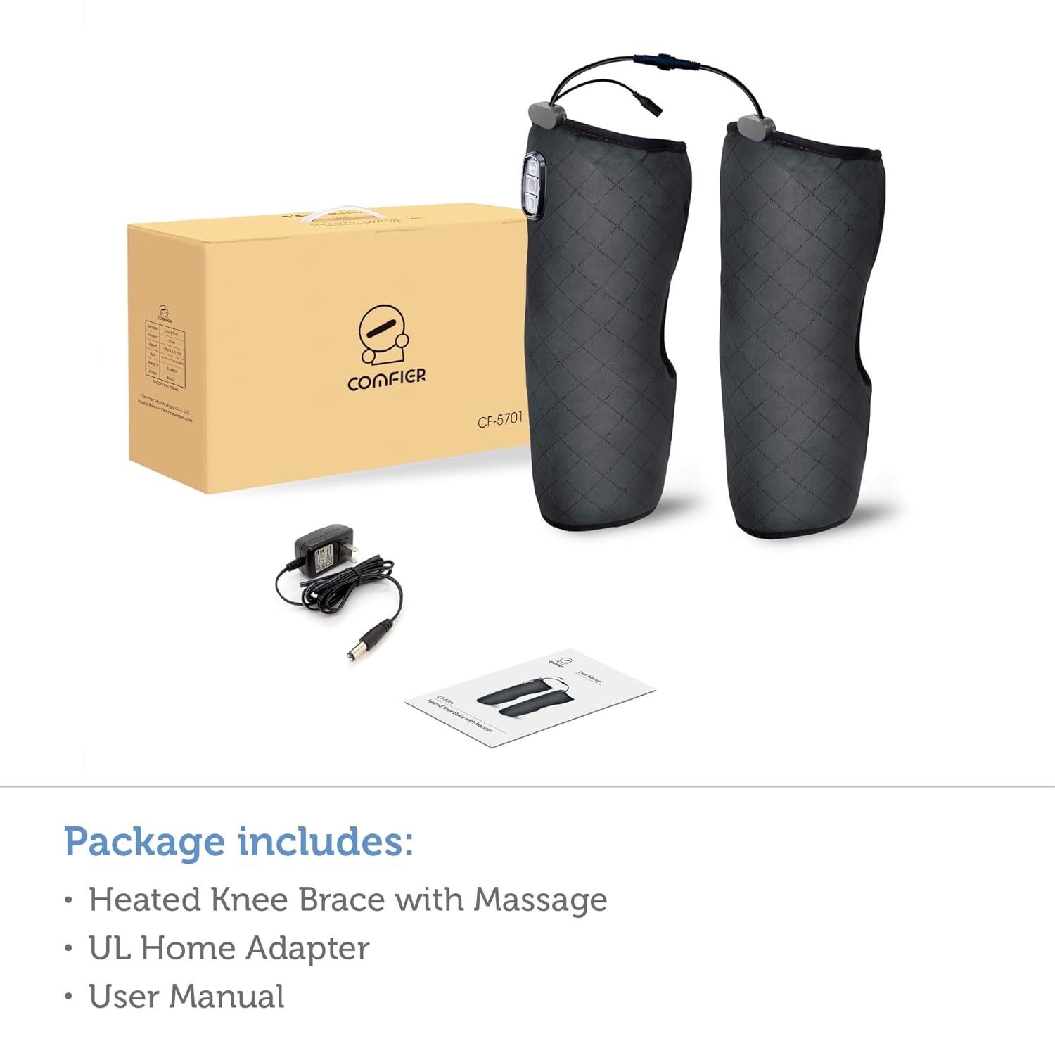 CONFIER CF-5701

Package includes:
- Heated Knee Brace with Massage
- UL Home Adapter
- User Manual