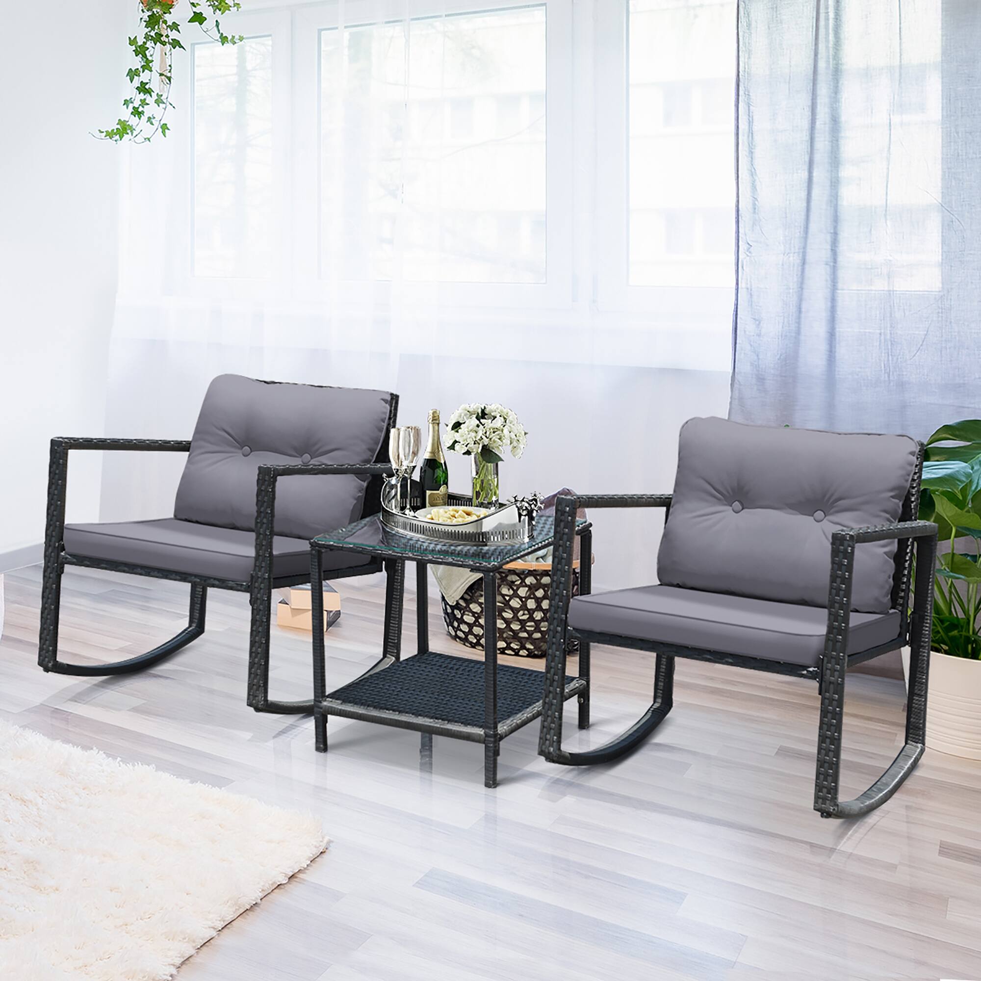 Alt View 3. Costway - 3PCS Patio Rattan Furniture Set Rocking Chairs Cushioned Sofa - Gray.