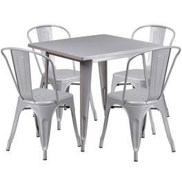 Emma + Oliver - Commercial Grade 31.5" Square Metal Indoor-Outdoor Table Set with 4 Stack Chairs - Silver