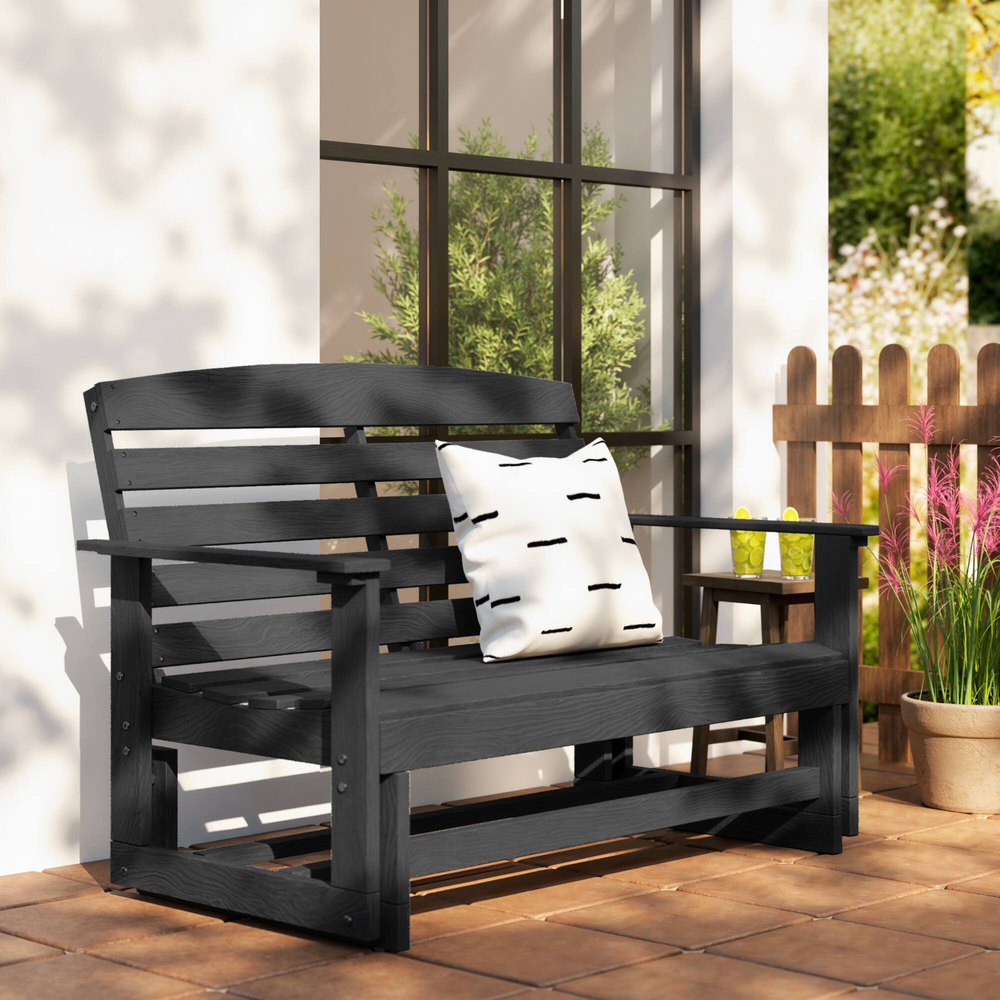 Alt View 8. Outsunny - Glider Bench w/ HDPE Slatted Double Rocking Chair - Distressed Black.