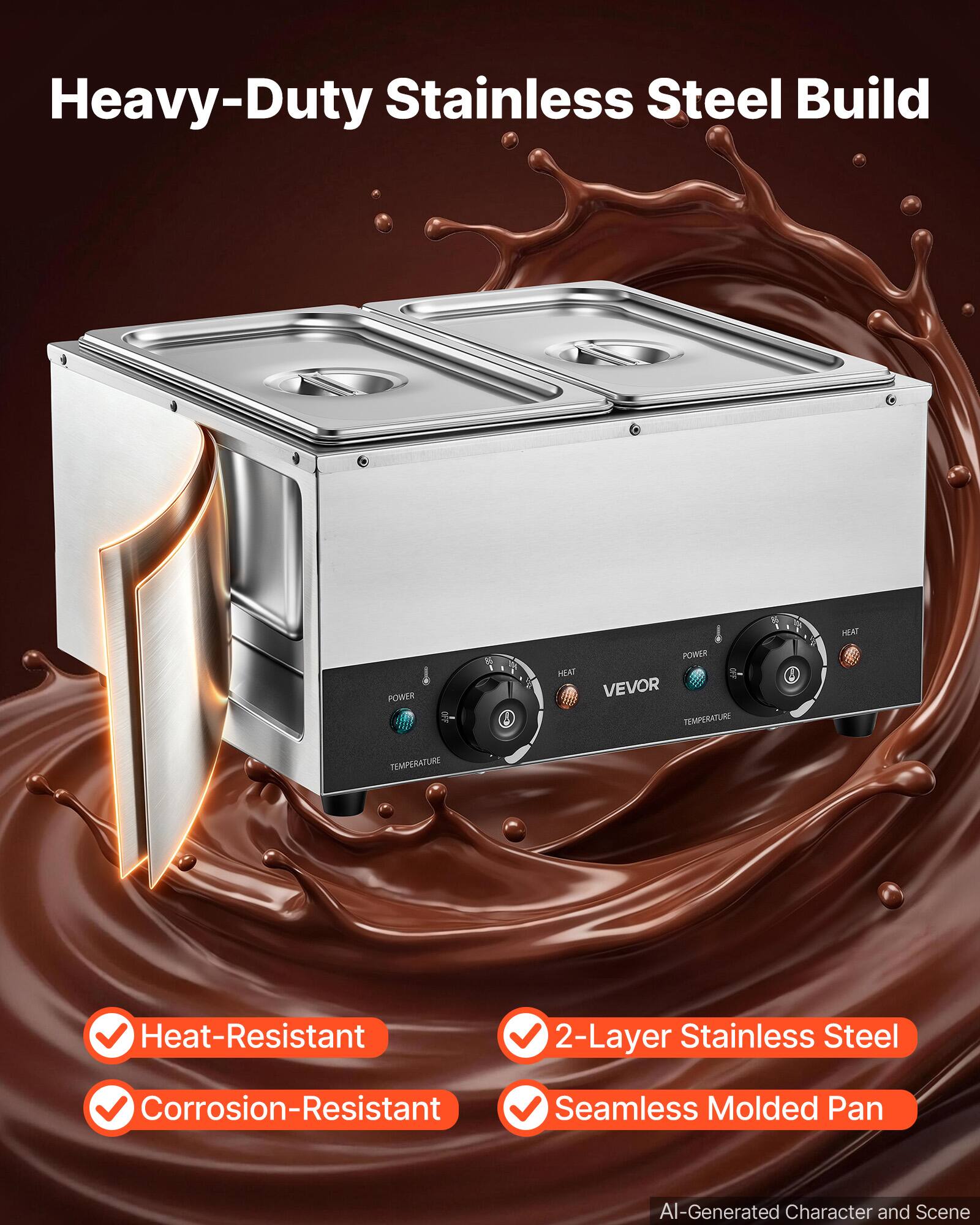 Heavy-Duty Stainless Steel Build

- Heat-Resistant
- Corrosion-Resistant
- 2-Layer Stainless Steel
- Seamless Molded Pan

POWER
HEAT
TEMPERATURE

VEVOR

AI-Generated Character and Scene