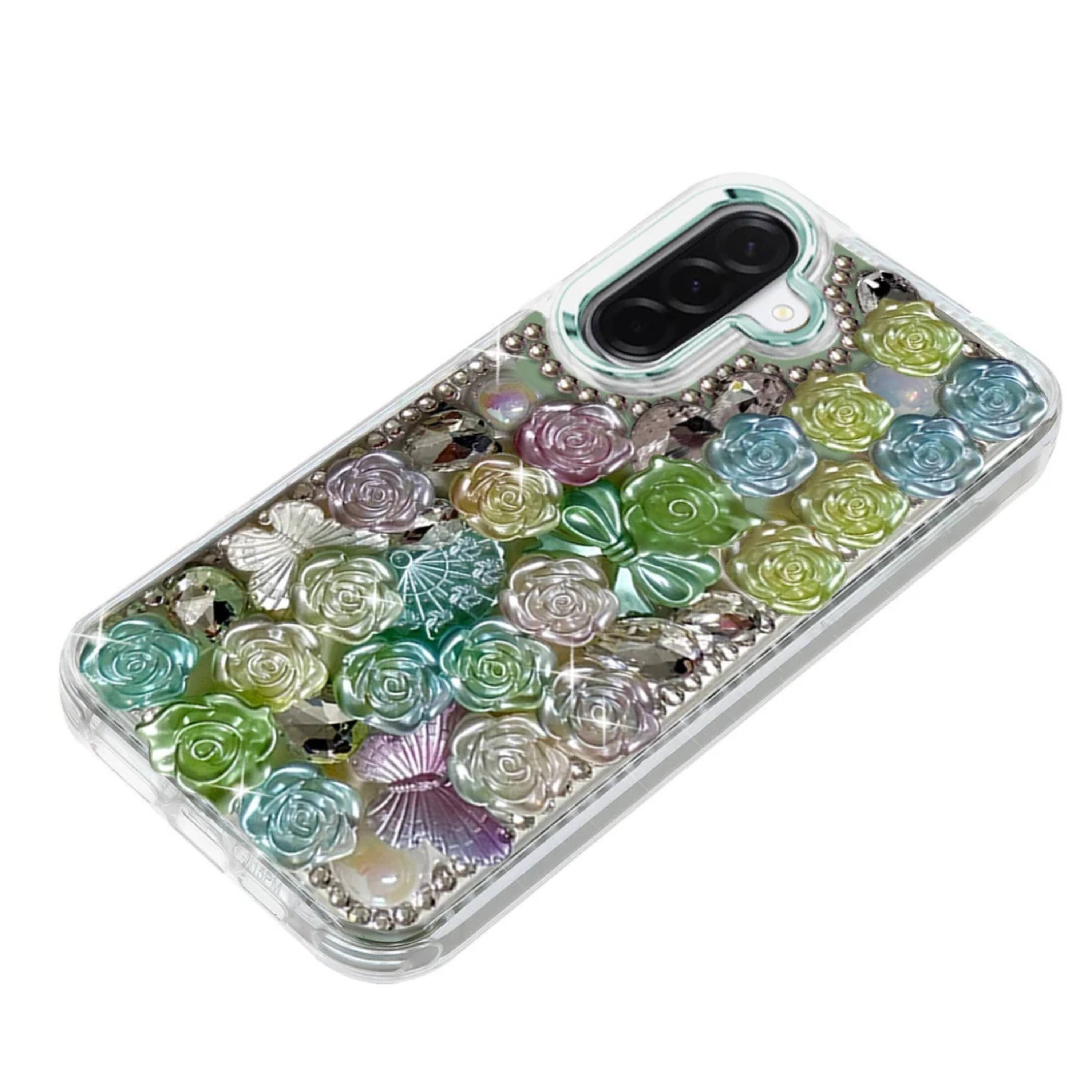 Angle. Kitcheniva - 3D Rose Arrangement Bling Rhinestone Phone Case With Tempered Glass For Samsung A17 5G Green - Green.