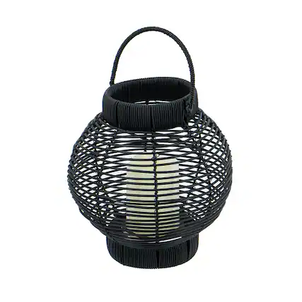 Front. Boyel Living - Black Poly Rattan Lantern with White LED Candle.