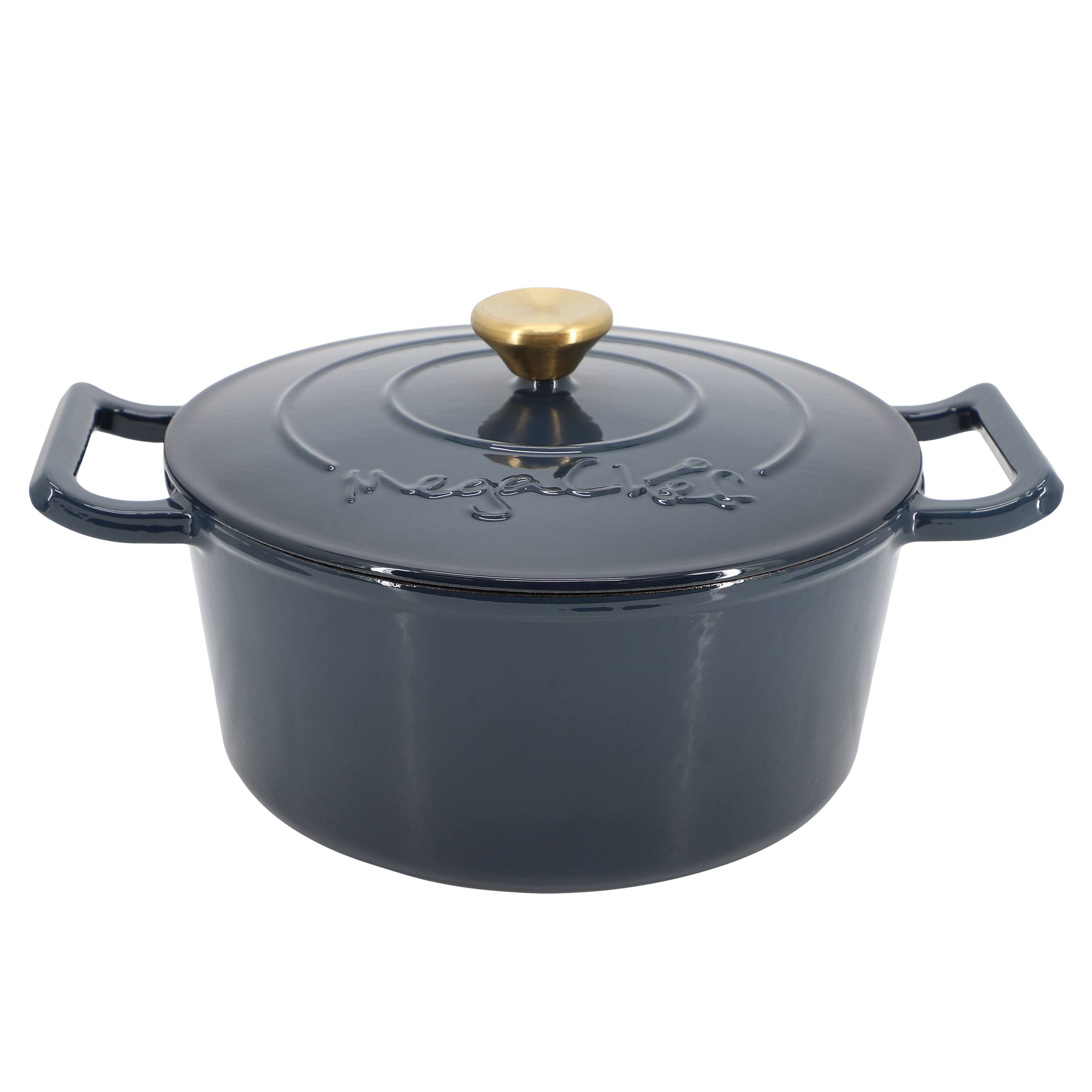 Alt View 1. MegaChef - MegaChef 5.3 Quarts Round Enameled Cast Iron Casserole with Self Basting Lid in Gradient Dark Blue - Gradient Dark Blue.