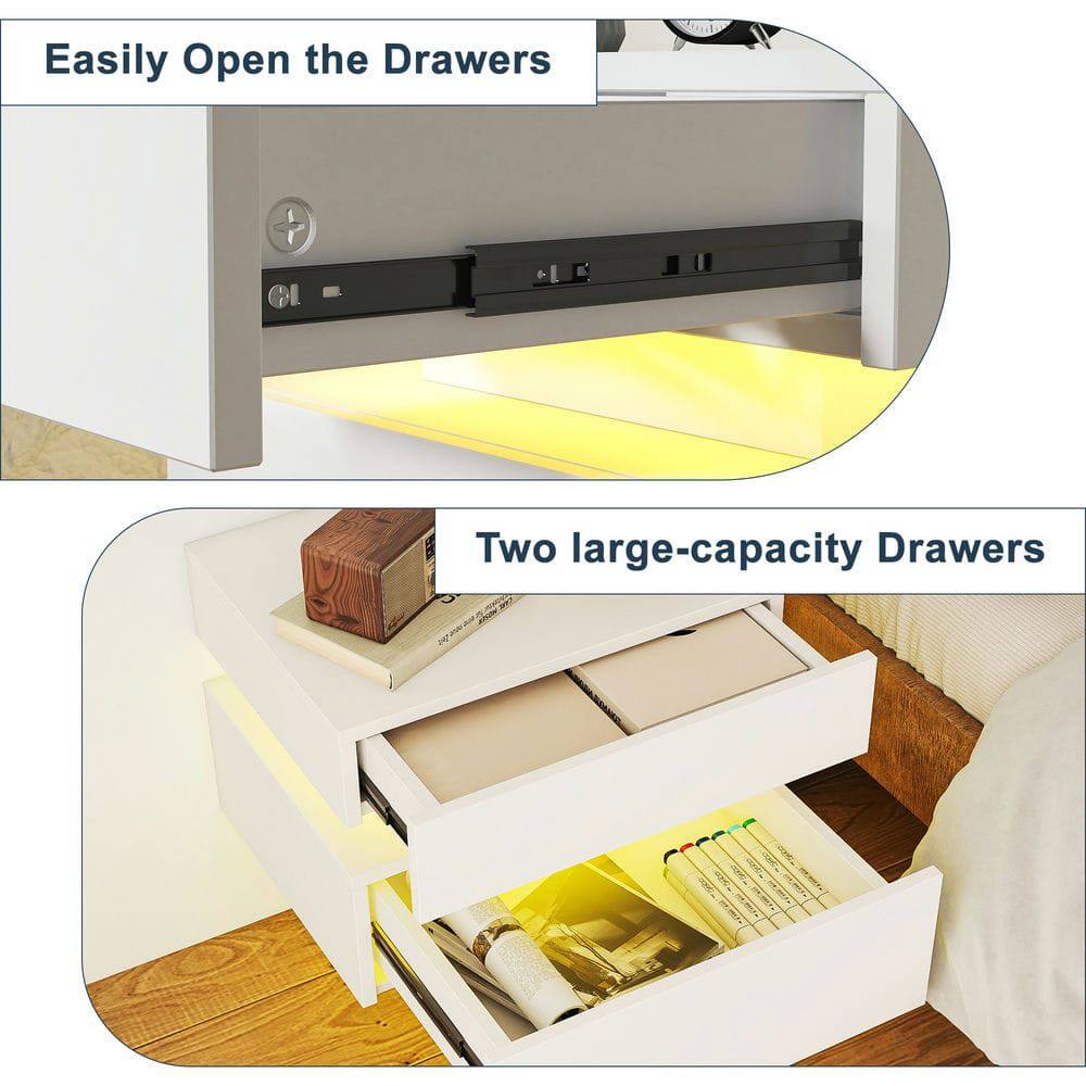 Kadyn - Wall-Mounted LED Nightstand with 2 Drawers and 3 Light Modes for Bedroom - White