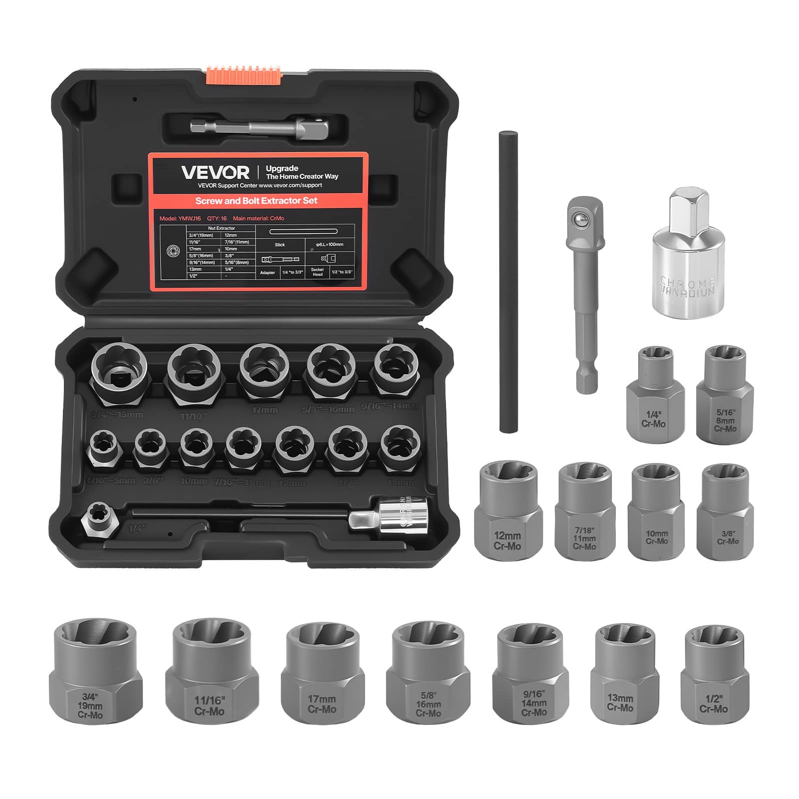 VEVOR - Bolt Extractor Kit, 16 Pieces Impact Bolt & Nut Remover Set with Adapters and Pin Punch, Solid Storage Case, Cr-Mo Steel - Black