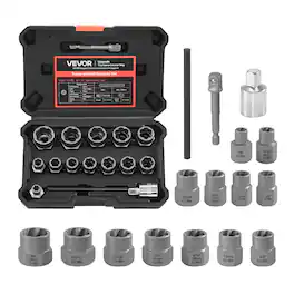 VEVOR - Bolt Extractor Kit, 16 Pieces Impact Bolt & Nut Remover Set with Adapters and Pin Punch, Solid Storage Case, Cr-Mo Steel - Black