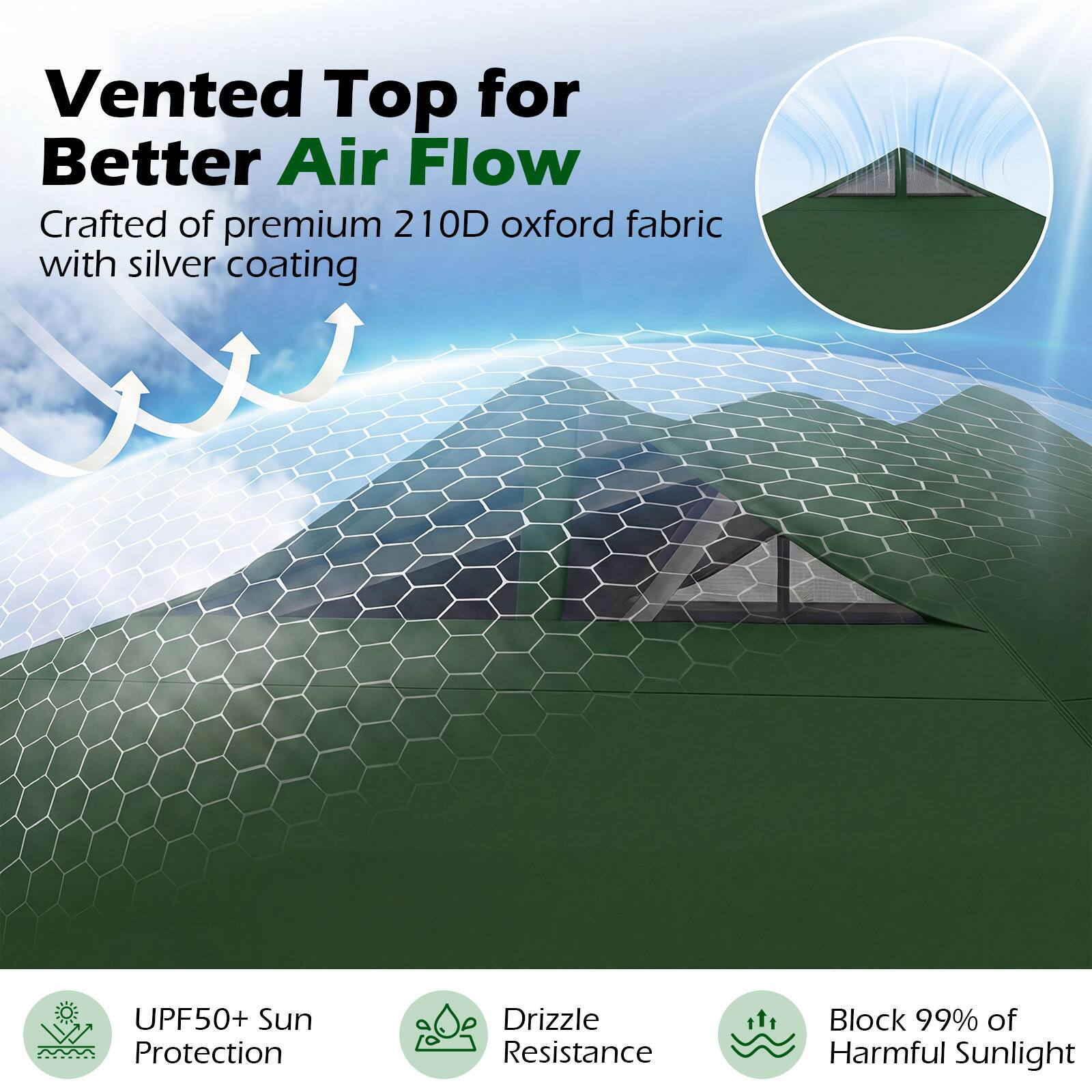 Vented Top for Better Air Flow  
Crafted of premium 210D oxford fabric with silver coating  

UPF50+ Sun Protection  
Drizzle Resistance  
Block 99% of Harmful Sunlight