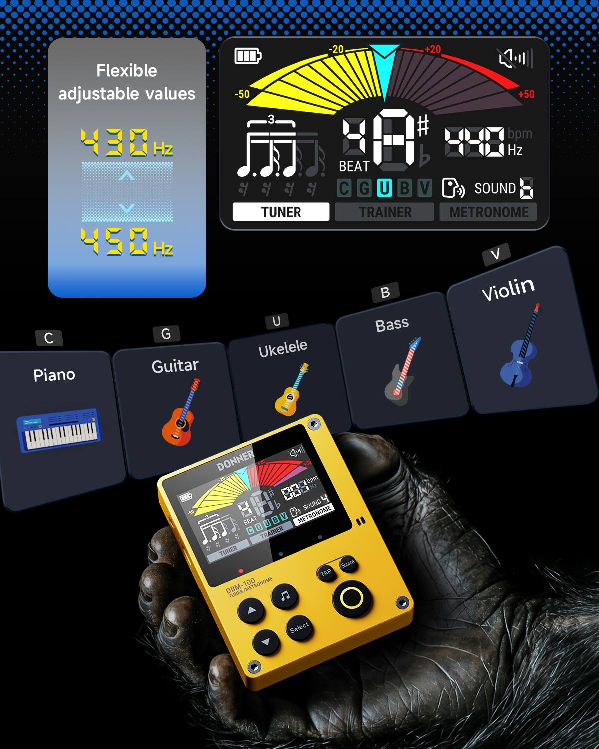 Flexible adjustable values Hz -50 3 & TUNER -20 +20 +50 # bpm Hz BEAT C G U B V SOUND TRAINER METRONOME C Piano Hz G Guitar U Ukelele B Bass V Violin - 10E 1 DONNER bpm H2 UNU SOUND BEAT J 2 V METRONOME C C TRAINER 2 TUNER Source TAP NER/METRONOME 100 DBM TUNER C Select