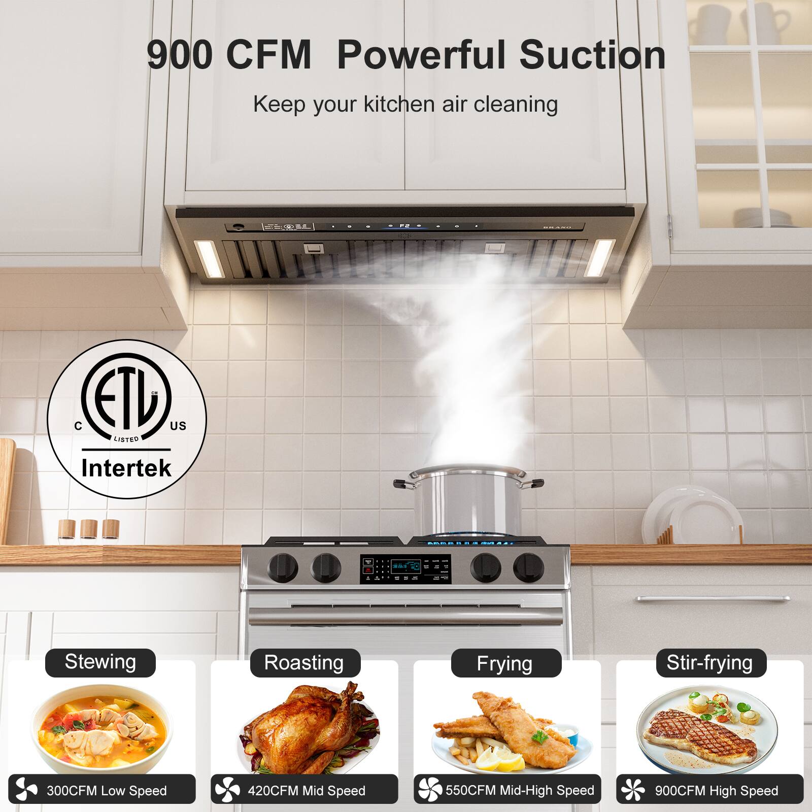 900 CFM Powerful Suction  
Keep your kitchen air cleaning  

ETL Listed Intertek  

Stewing  
300CFM Low Speed  

Roasting  
420CFM Mid Speed  

Frying  
550CFM Mid-High Speed  

Stir-frying  
900CFM High Speed