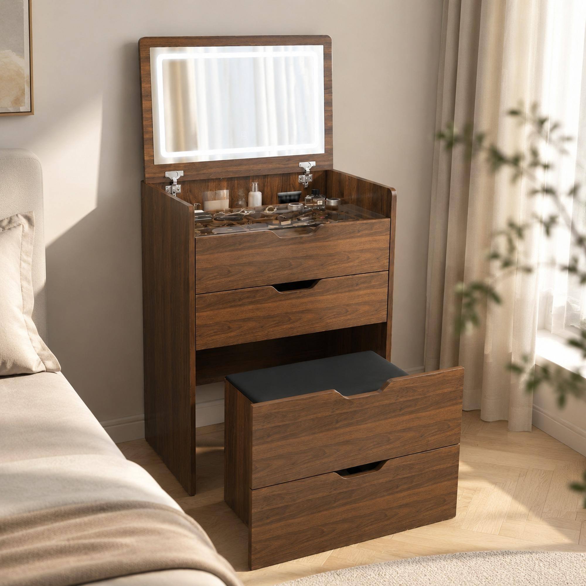 Front. RYHNUYNE - 3-in-1 Vanity Desk, Lighted Mirror and Flip Top Makeup Table, Walnut Finish, 23.62 in, Compact Storage Stool for Bedroom - Walnut.