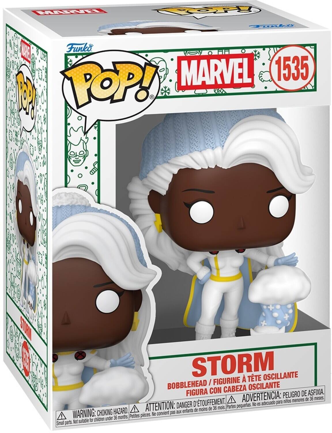 Sure, here is the corrected and grouped text from the image:

---

**Funko POP!**

**MARVEL**

**1535**

**STORM**

**BOBBLEHEAD / FIGURINE À TÊTE OSCILLANTE / FIGURA CON CABEZA OSCILANTE**

**WARNING: CHOKING HAZARD. Small parts. Not suitable for children under 36 months.**

**ATTENTION: DANGER D'ÉTOUFFEMENT. Petites pièces. Ne convient pas aux enfants de moins de 36 mois.**

**ADVERTENCIA: PELIGRO DE ASFIXIA. Partes pequeñas. No es adecuado para niños menores de 36 meses.**

---