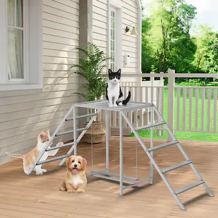 Front. Oumilen - Metal Chicken Perch Play Stand with Double Ladder & Swing Platform, Gray - Gray.