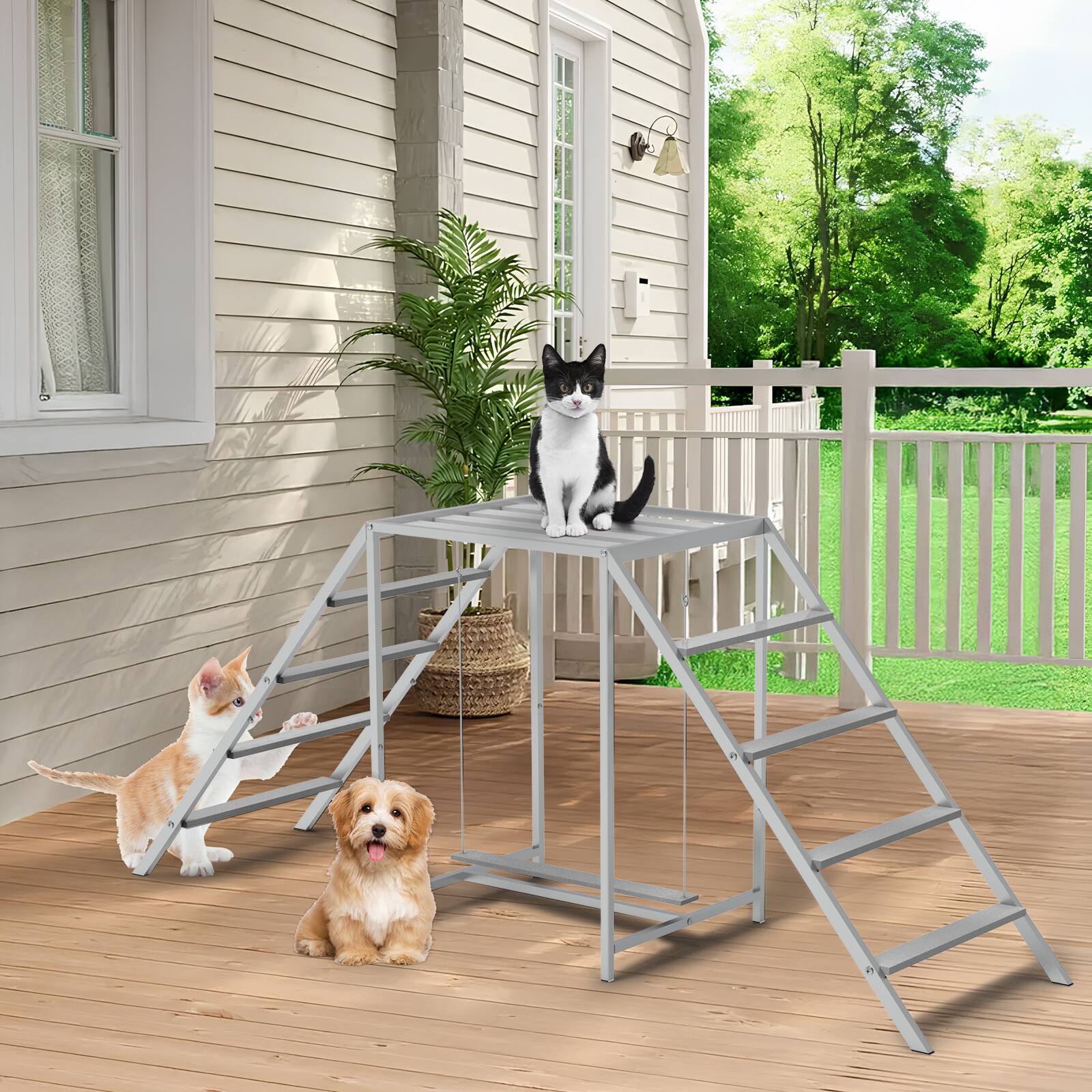 Front. Oumilen - Metal Chicken Perch Play Stand with Double Ladder & Swing Platform, Gray - Gray.