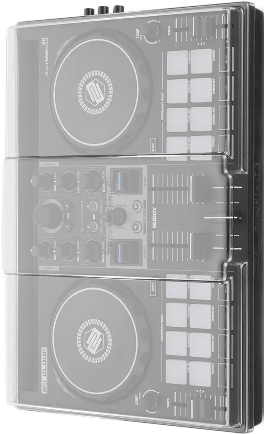 Sure, here is the corrected and grouped text:

**Top Section:**
- algoriddim
- 17 LOOP
- MODES PERFORMANCE TEMPO
- nothing

**Left Section:**
- 1
- TALS
- YALS
- LDAD
- KONIC
- LAP
- NEURALMIX
- Z MONIC
- LOW
- DRUMS
- FILTER DRUMS
- 4 UO
- PITER
- HOLD
- BUDDY

**Center Section:**
- BUDDY
- NEURALMIX
- FILTER
- LOW
- DRUMS
- FILTER DRUMS

**Right Section:**
- LOOP
- TEMPO
- STERS

**Bottom Section:**
- LOOP
- TEMPO

**Additional Labels:**
- eReLoop
- BUDDY
- NEURALMIX
- FILTER
- LOW
- DRUMS
- FILTER DRUMS