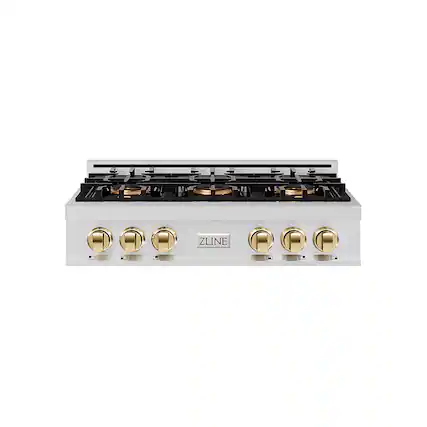Front. ZLINE - 36 in. Wide 6 Burner Autograph Classic Rangetop with with Gold Accents (PCRTZ-36-G) - Stainless Steel.