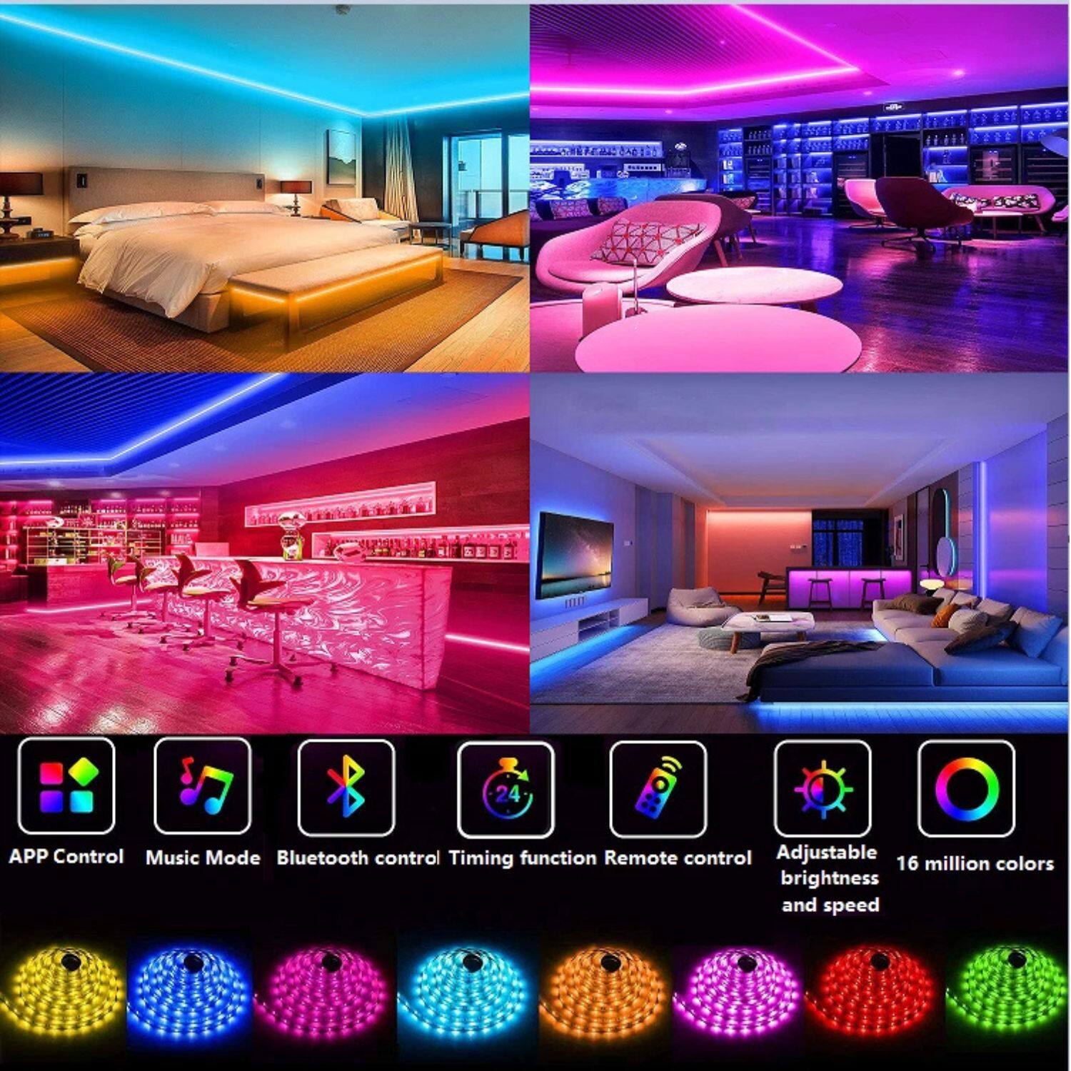 - APP Control
- Music Mode
- Bluetooth control
- Timing function
- Remote control
- Adjustable brightness and speed
- 16 million colors