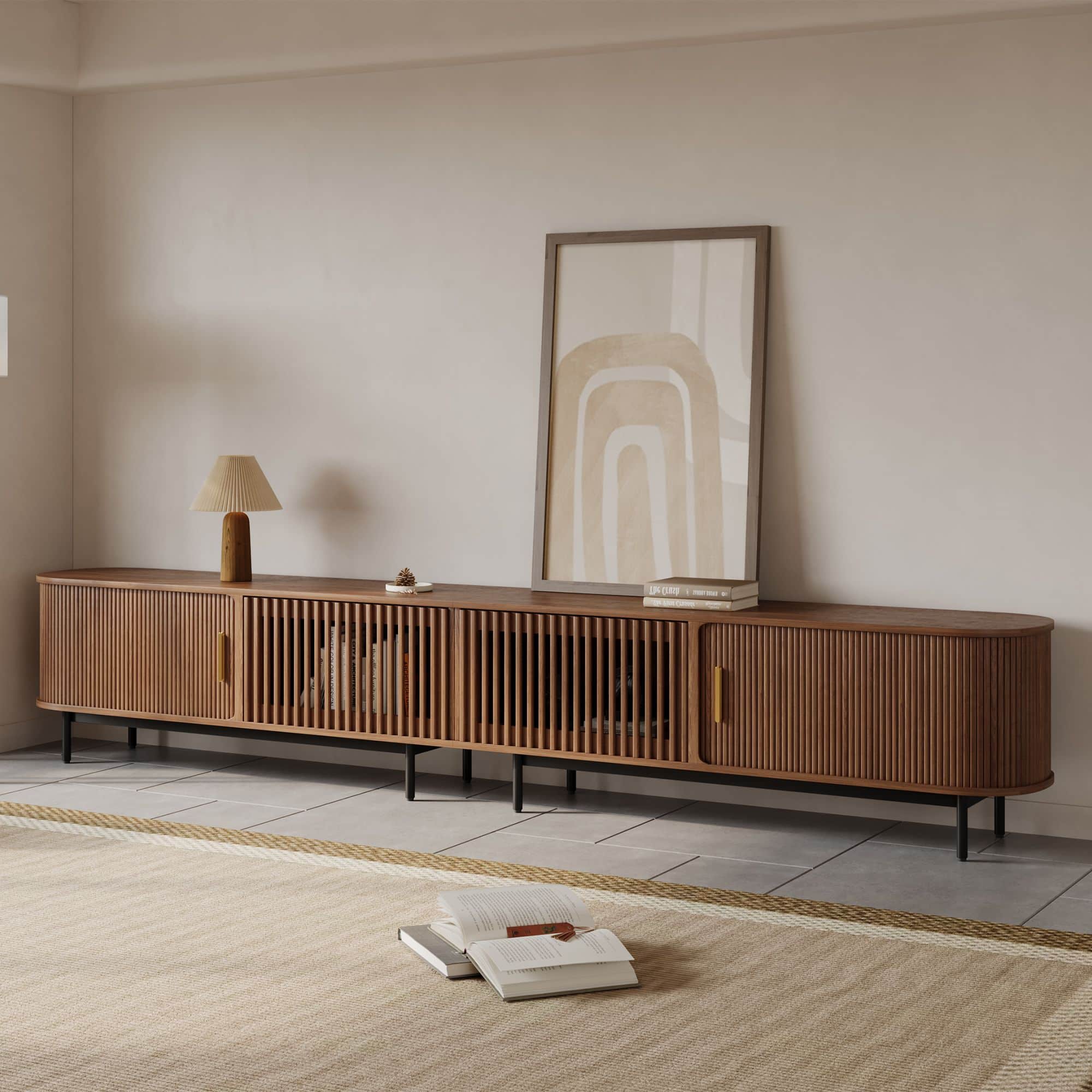 POVISON - 118"Mid-Century Modern Tambour Door TV Stand - Walnut