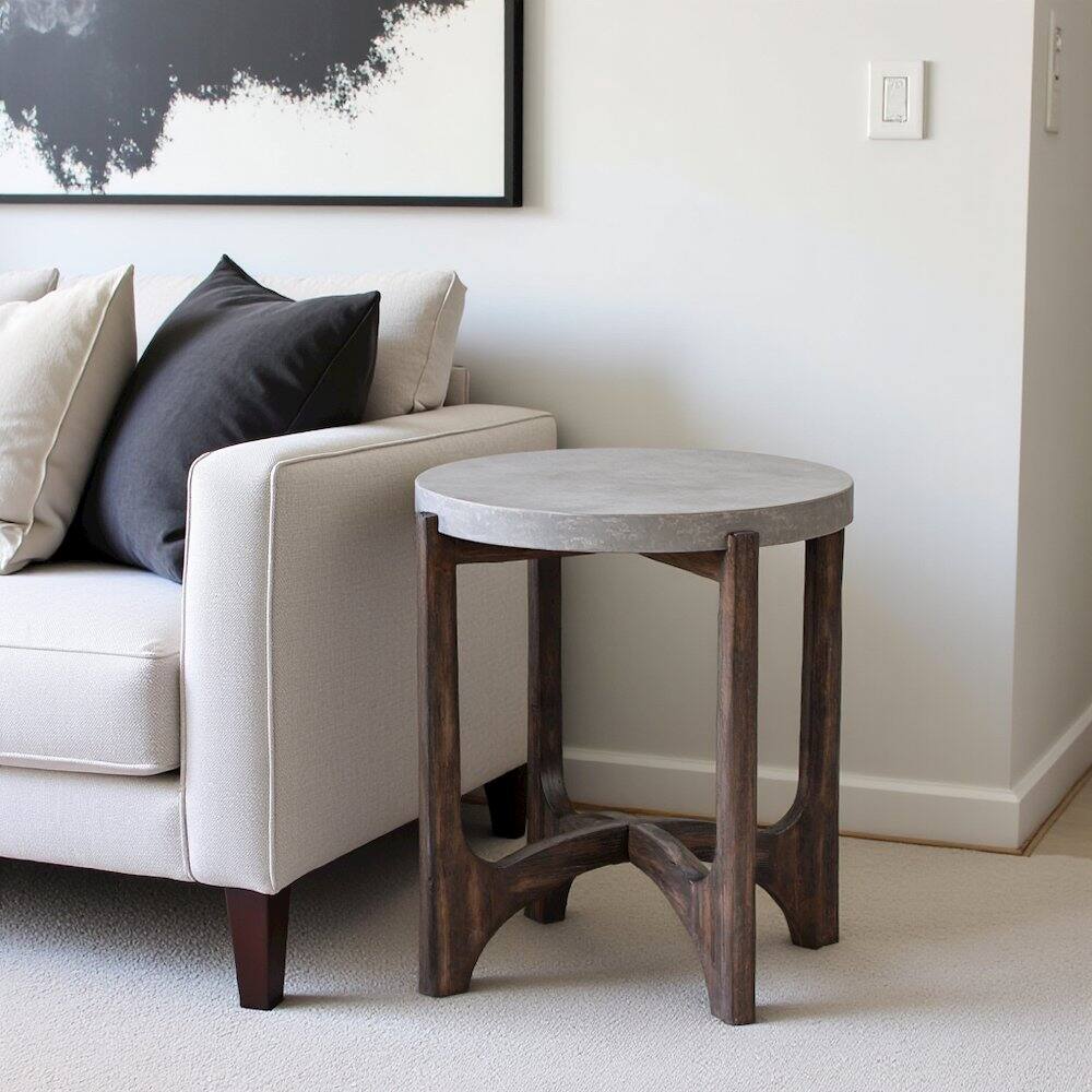 Alt View 2. Starlight Canyon Home - Farmhouse End Table, Brown Eucalyptus & Birch with Concrete Composite Top - Brown.