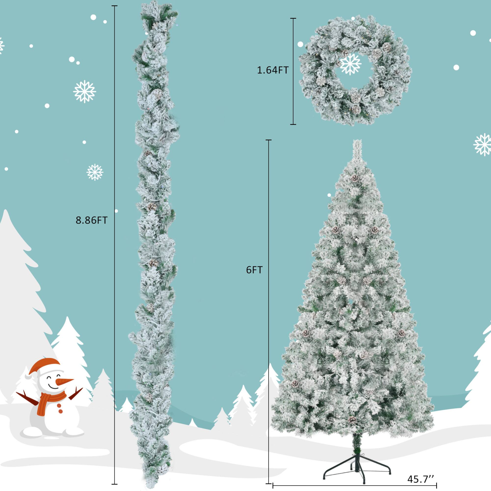Alt View 6. ELEMENT ACE - 6 Foot Pre-Lit Snow Flocked Christmas Tree Set with Garland and Wreath, Artificial Hinged Tree with Colorful LED Lights - White+Green.