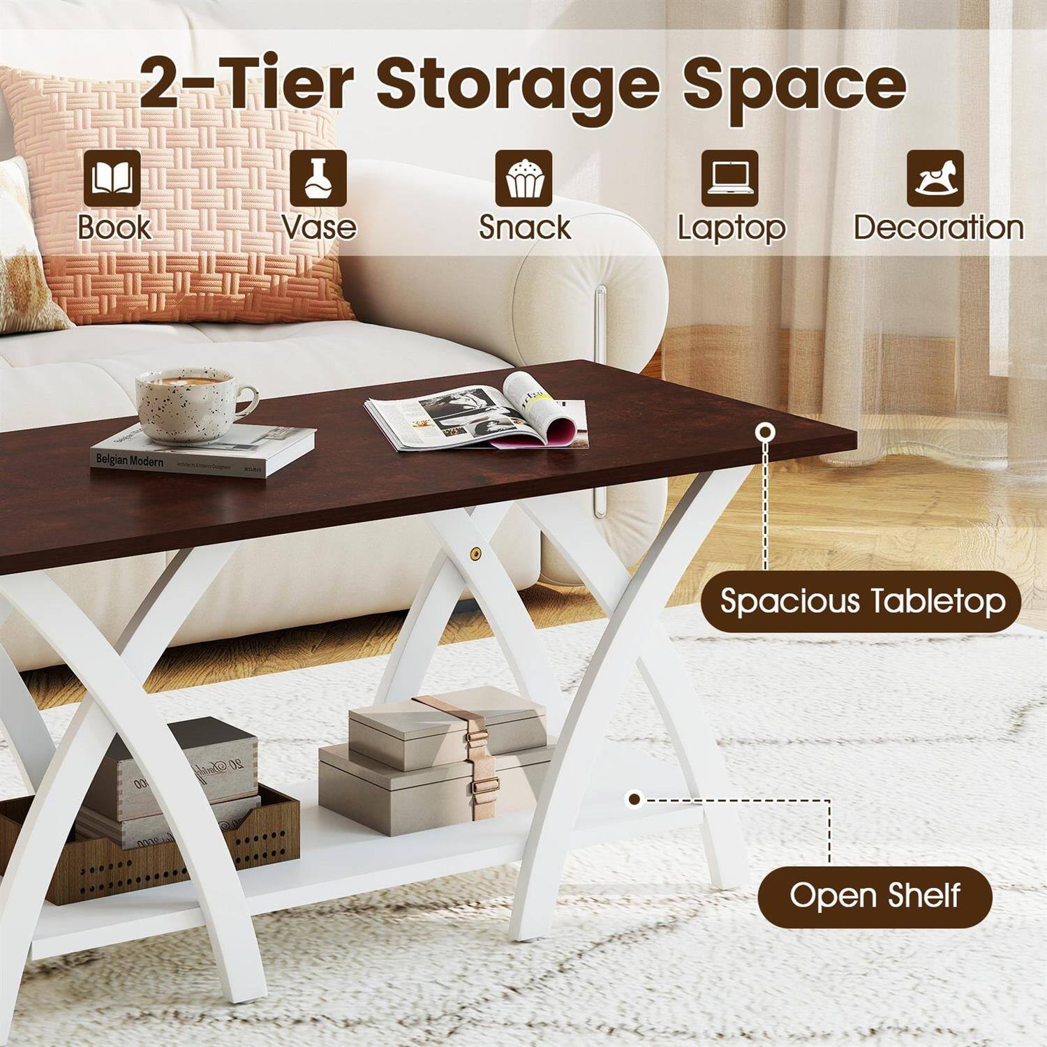 2-Tier Storage Space  
Book Vase Snack Laptop Decoration  
Belgian Modern Spacious Tabletop  
Open Shelf