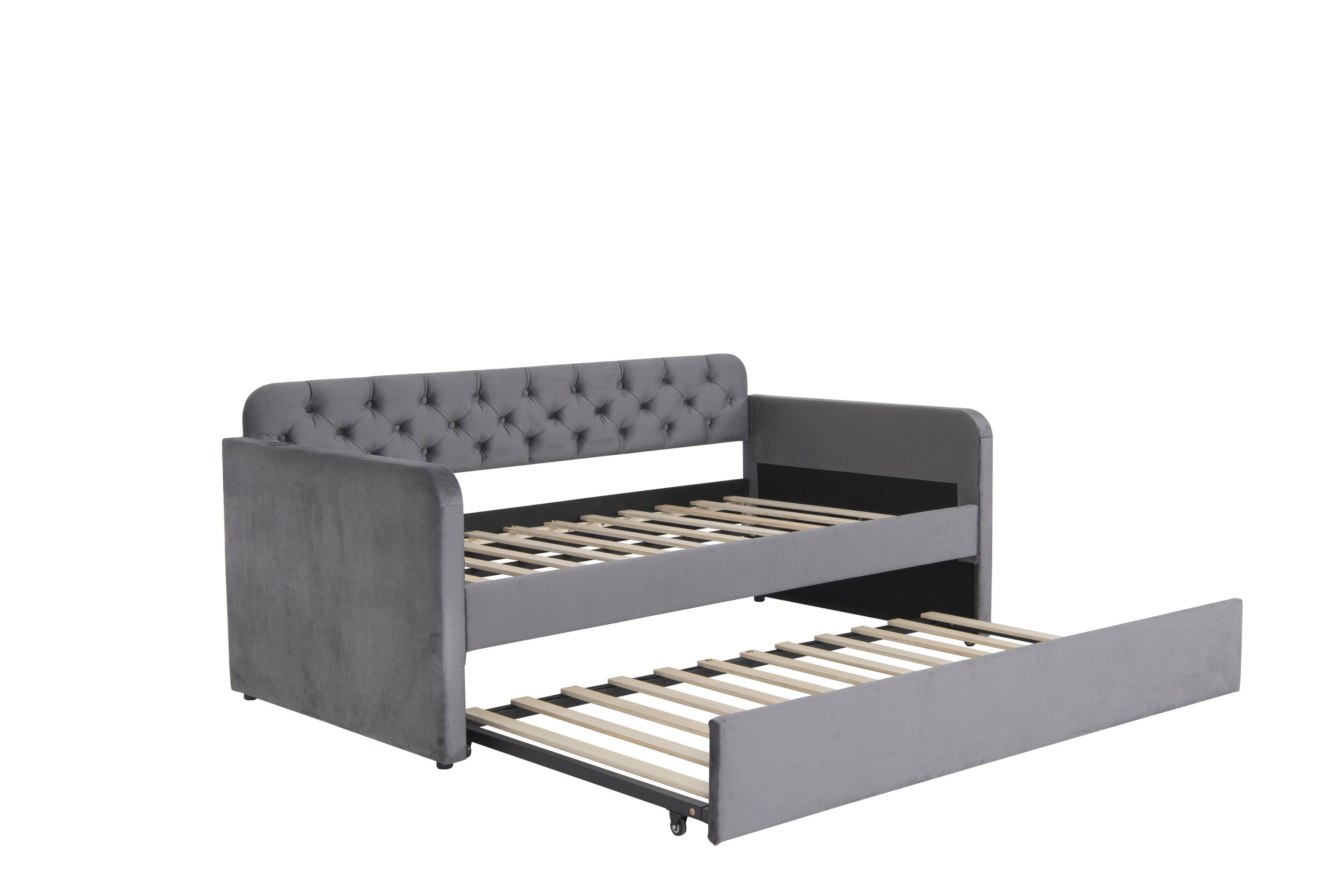 Alt View 4. Trinkets Crazed - Twin Size Upholstered Daybed with Trundle and USB Charging Design, Velvet Upholstered Daybed Frame, Twin Sofa Bed - Grey.