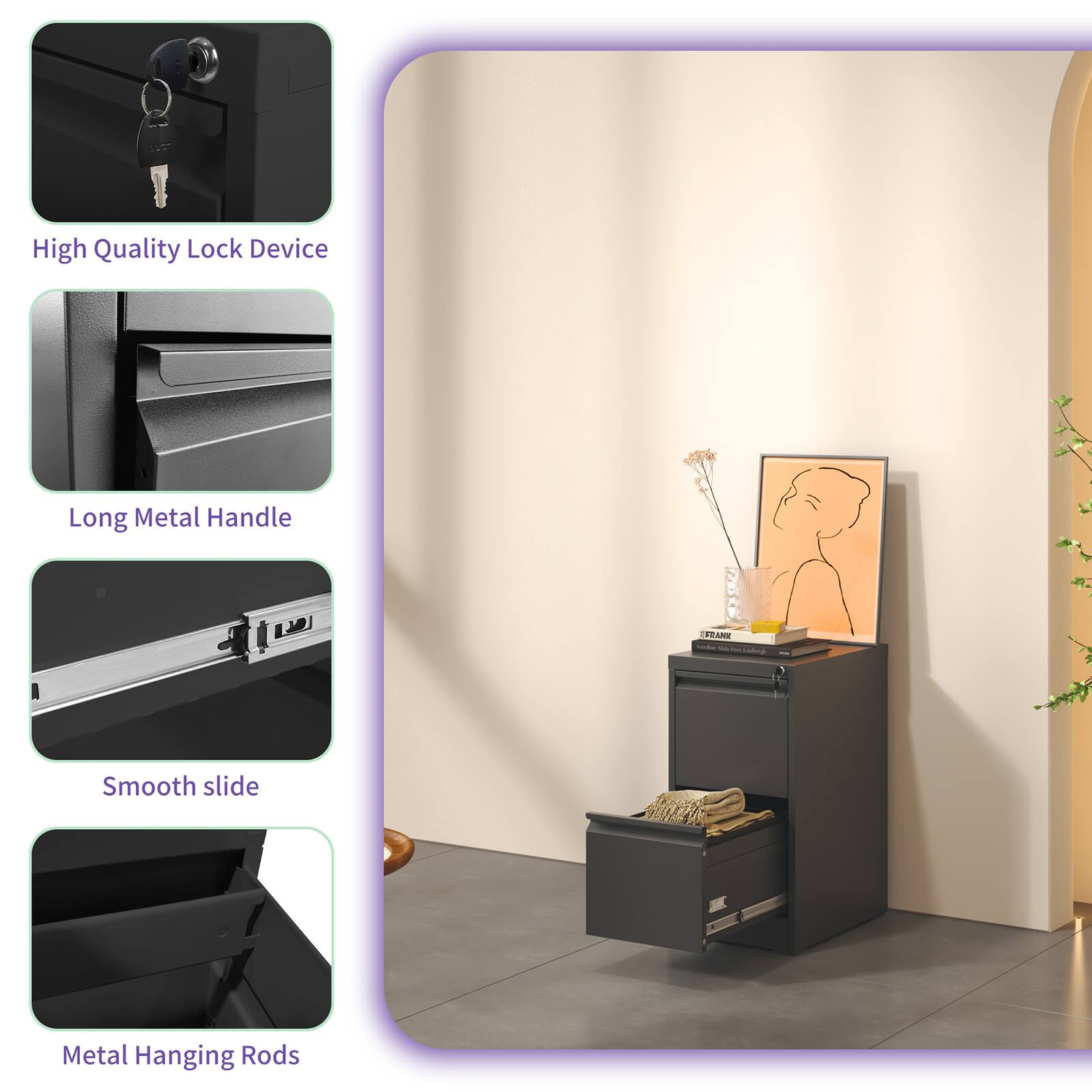 - High Quality Lock Device
- Long Metal Handle
- Smooth slide
- Metal Hanging Rods