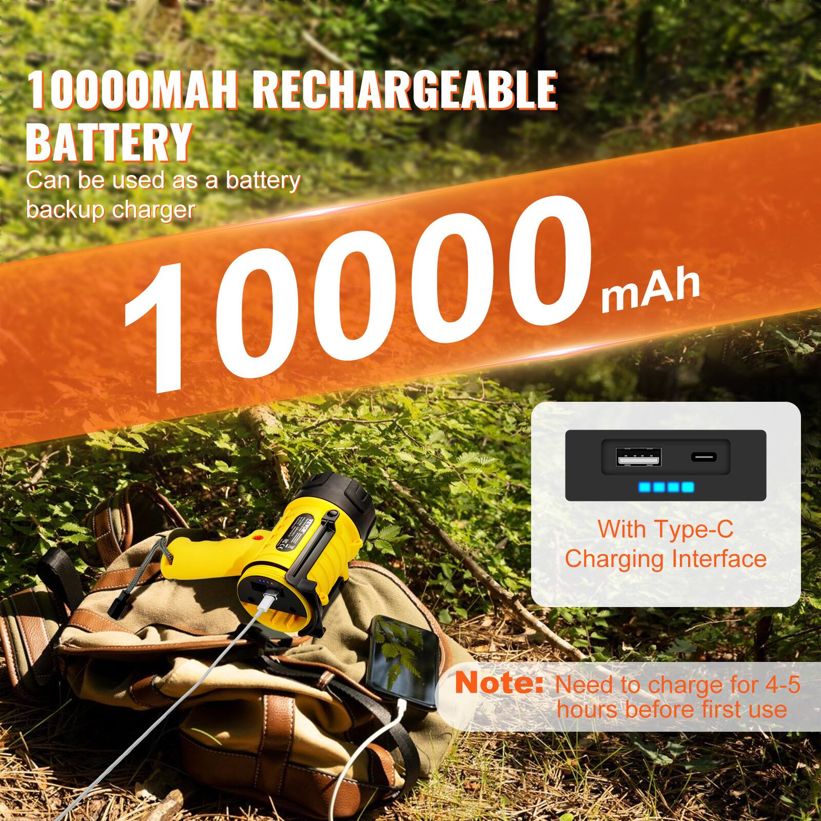 10000mAh Rechargeable Battery  
Can be used as a battery backup charger  

10000 mAh  

With Type-C Charging Interface  

Note: Need to charge for 4-5 hours before first use