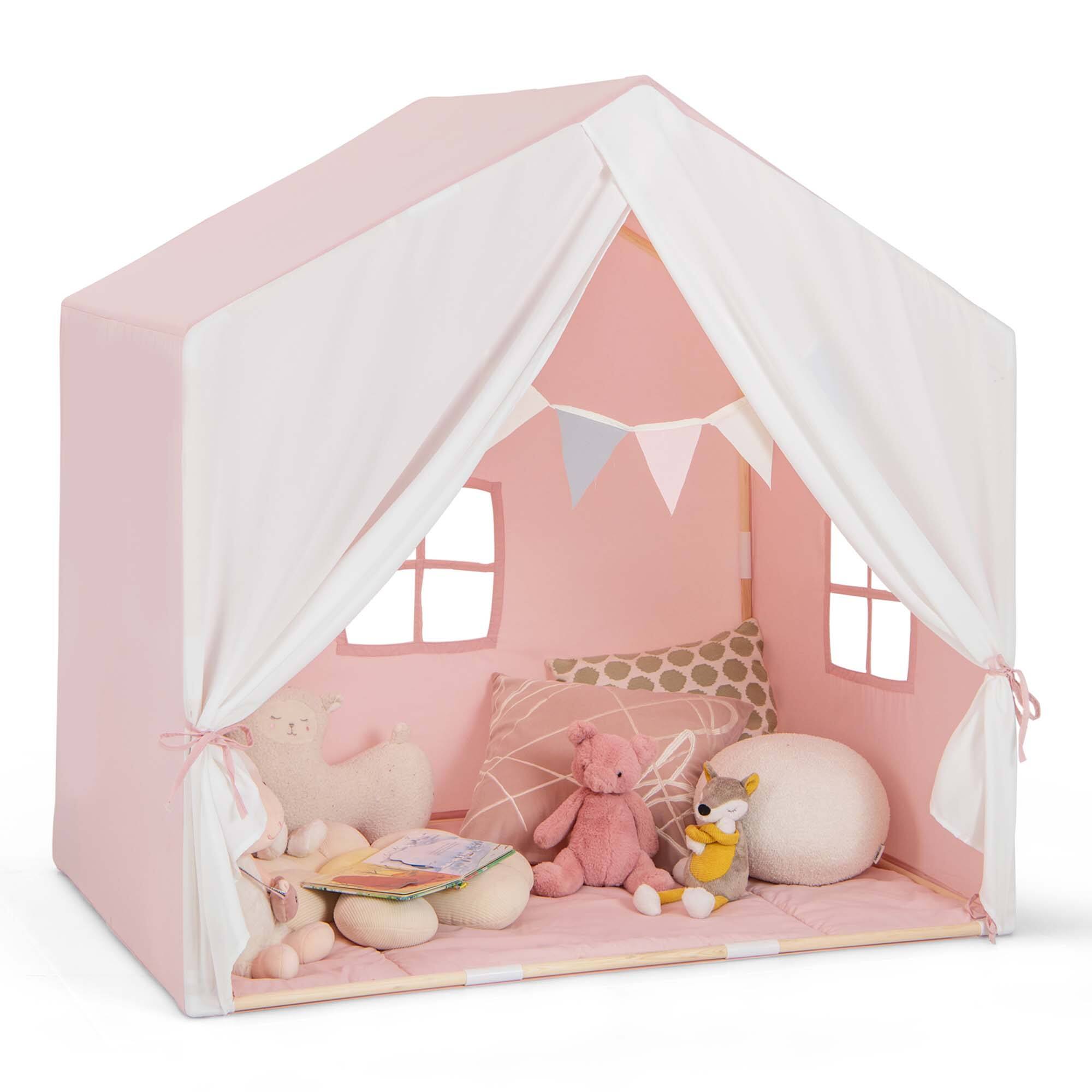 Costway - Kid's Play Tent Toddler Playhouse Castle Solid Wood Frame with Washable Mat - Pink