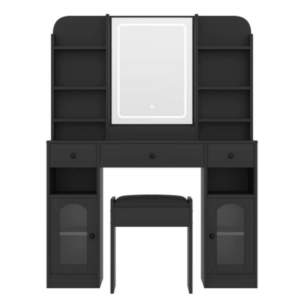 Alt View 4. LUCKY ONE - 43.2" Vanity Desk w/ LED Mirror RGB Glass Cabinets 3 Drawers & Stool - Black.