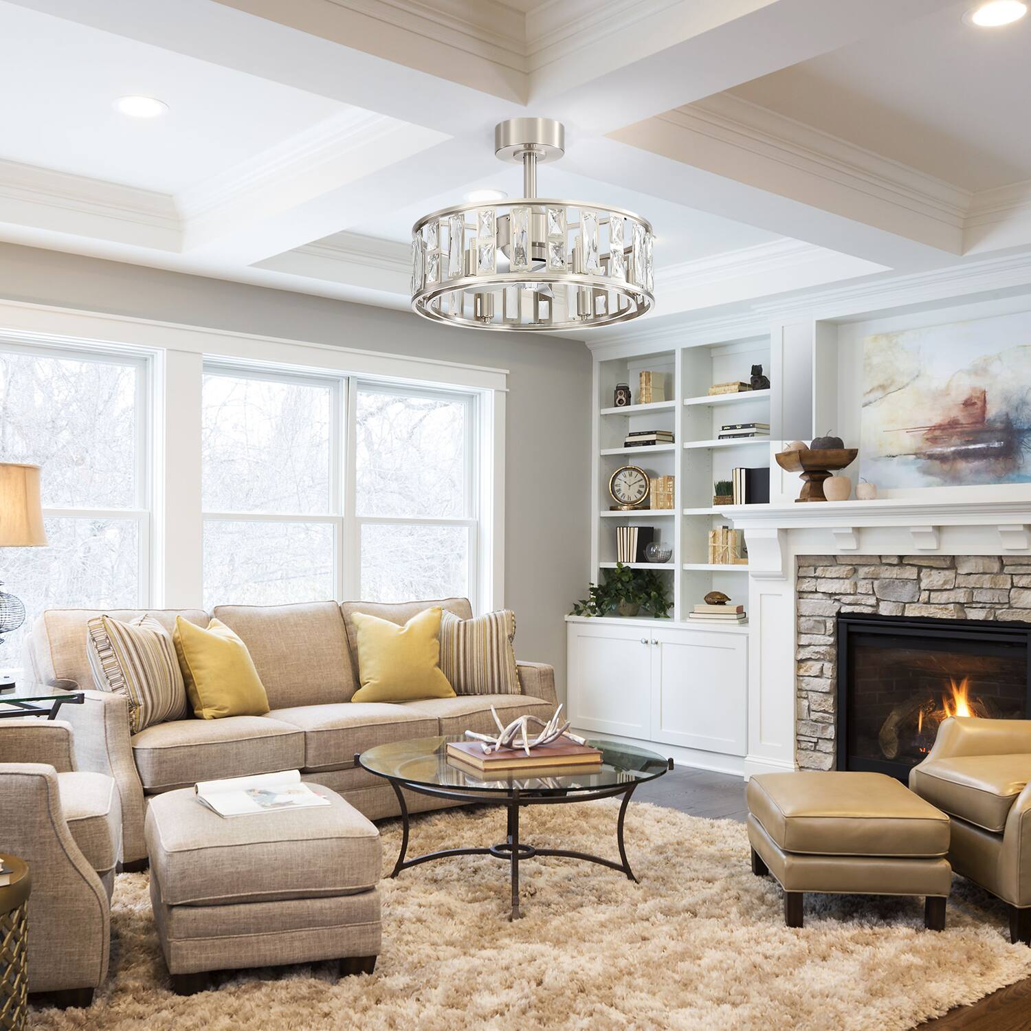 Alt View 6. Breezary - 20-inch Caged Ceiling Fan with Light, DC Motor, 5-Blade, 6-Speed Remote, 6-Bulb Fixture, Timer, Downrod Mount - Sand Nickel & silver.