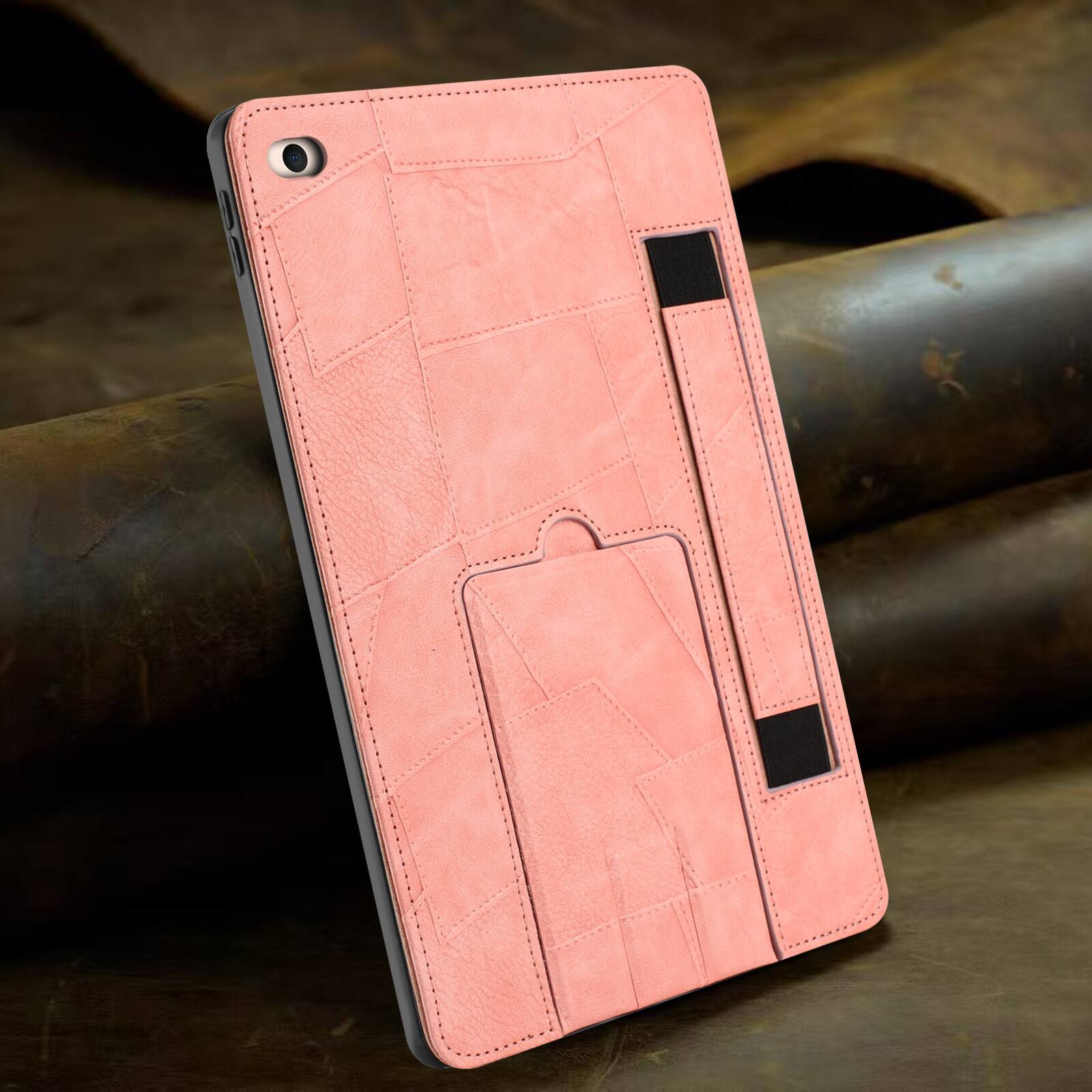 Angle. Dteck - Leather Texture Case for Apple iPad mini (5th Generation) 2019, Shockproof Cover with Multi-Angle Stand and Hand Strap - Pink.