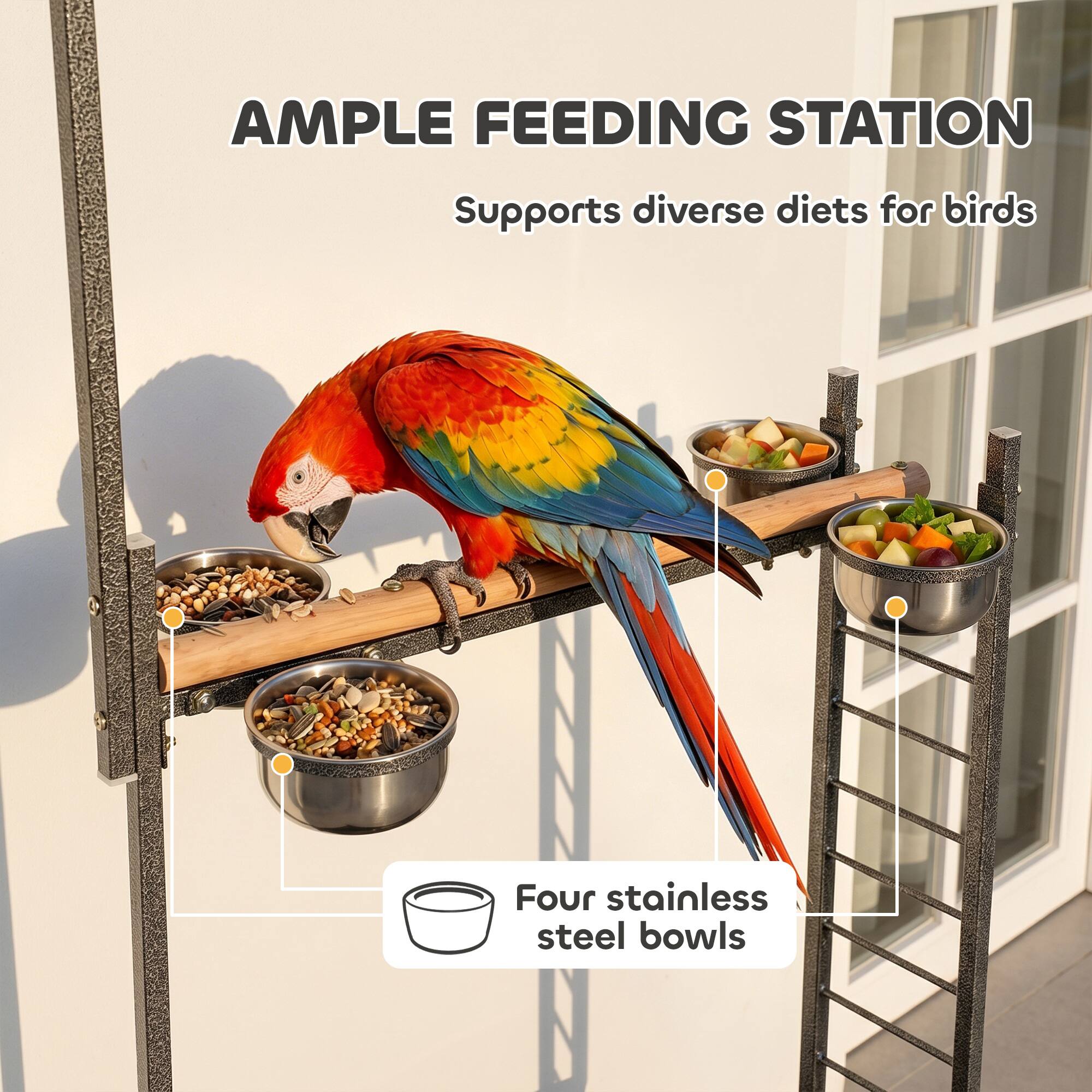 AMPLE FEEDING STATION  
Supports diverse diets for birds  
Four stainless steel bowls