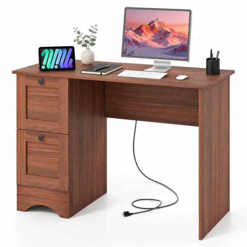 Left. WELLFOR - 43" Computer Desk with Power Outlets & 2 Drawers, Writing Studying Working Desk for Home Office - Walnut.