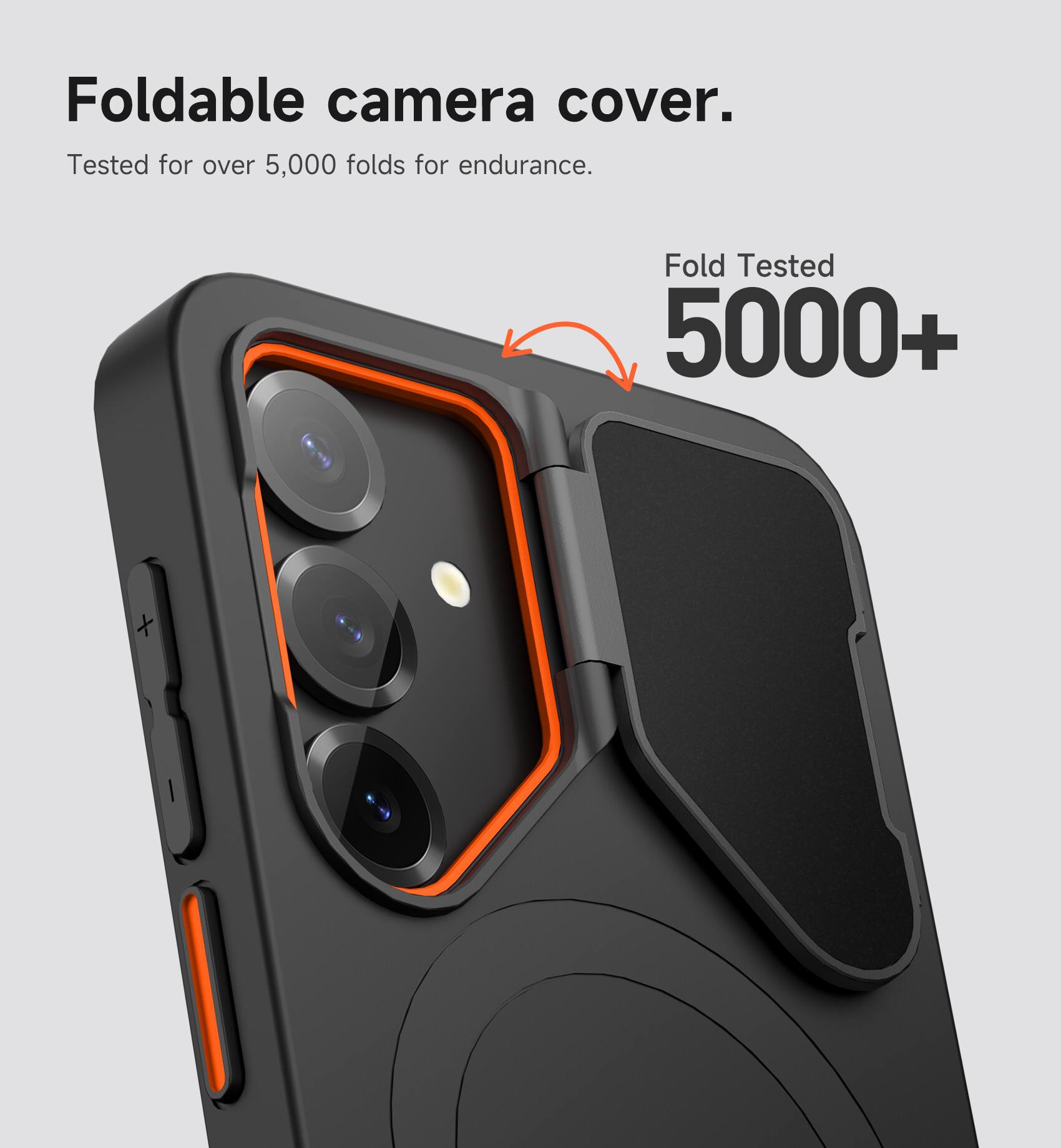 Foldable camera cover.  
Tested for over 5,000 folds for endurance.  
Fold Tested 5000+