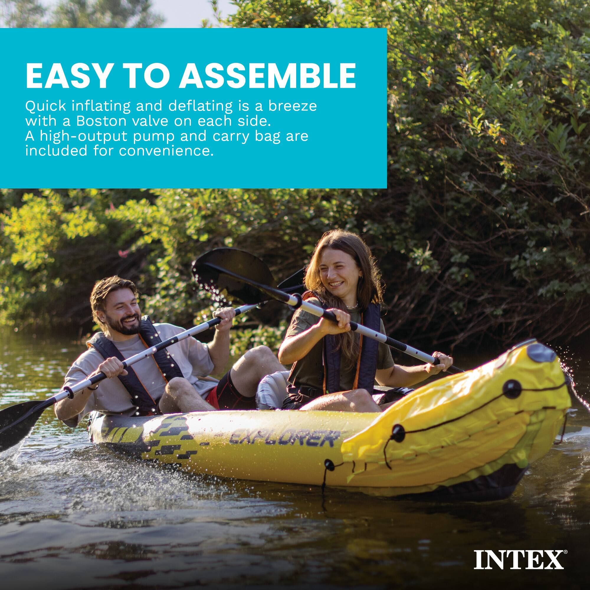 EASY TO ASSEMBLE  
Quick inflating and deflating is a breeze with a Boston valve on each side. A high-output pump and carry bag are included for convenience.  

EXPLORER  
INTEX
