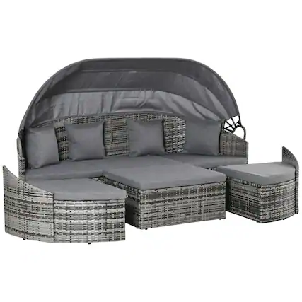Front. Outsunny - 4-Piece Outdoor Rattan Furniture Set, Round Convertible Patio Daybed or Sunbed, Sectional Sofa with Canopy, Pillows - Grey.