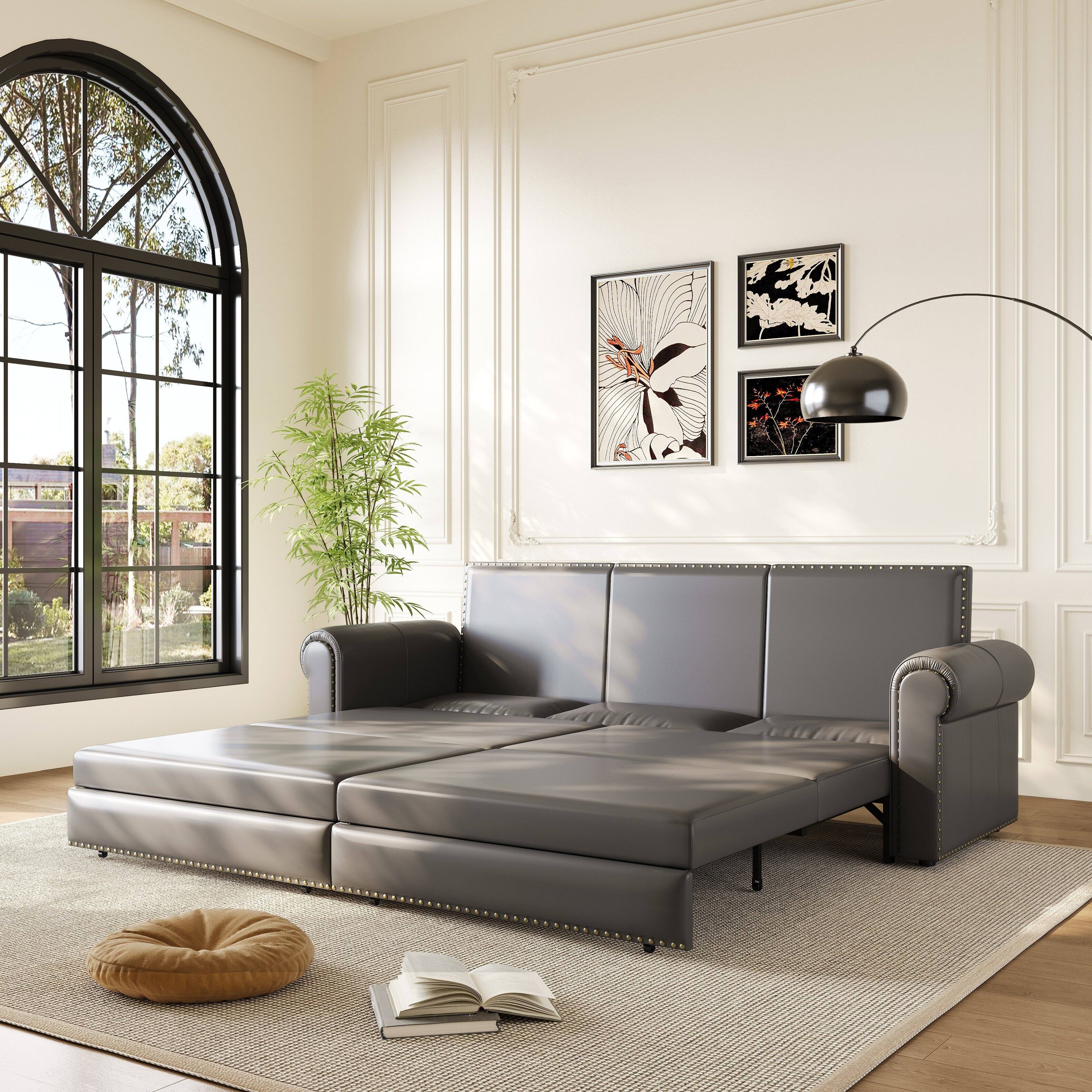 Angle. Anysun - 93.7" 3-in-1 Faux Leather Convertible Sofa Bed - King Pull-Out Sleeper, Nailhead Trim & Rolled Arms for Living Room - Gray.