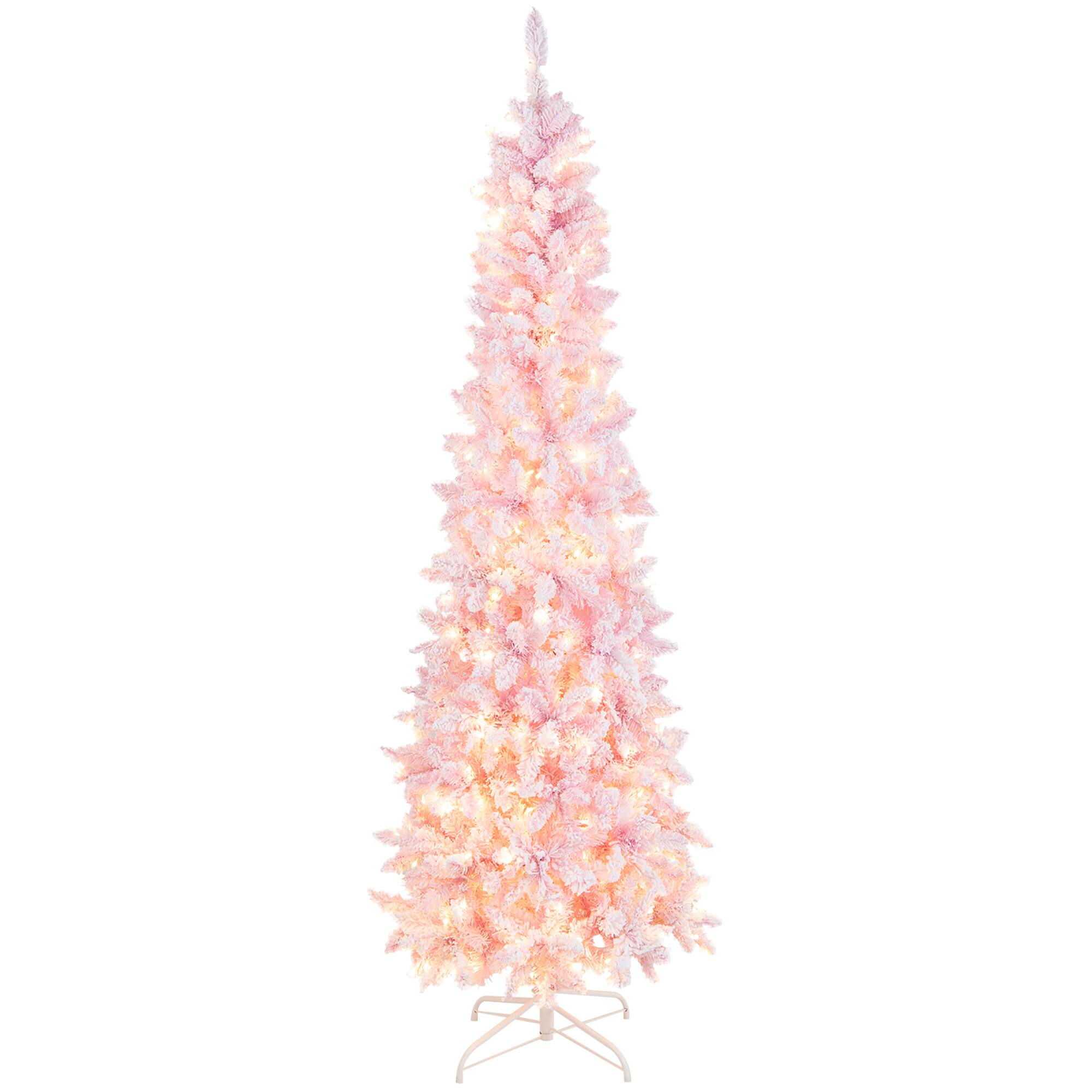 Costway - 7FT Pre-Lit Snow Flocked Hinged Pencil Christmas Tree w/ 300 Lights & 8 Modes - Pink/White