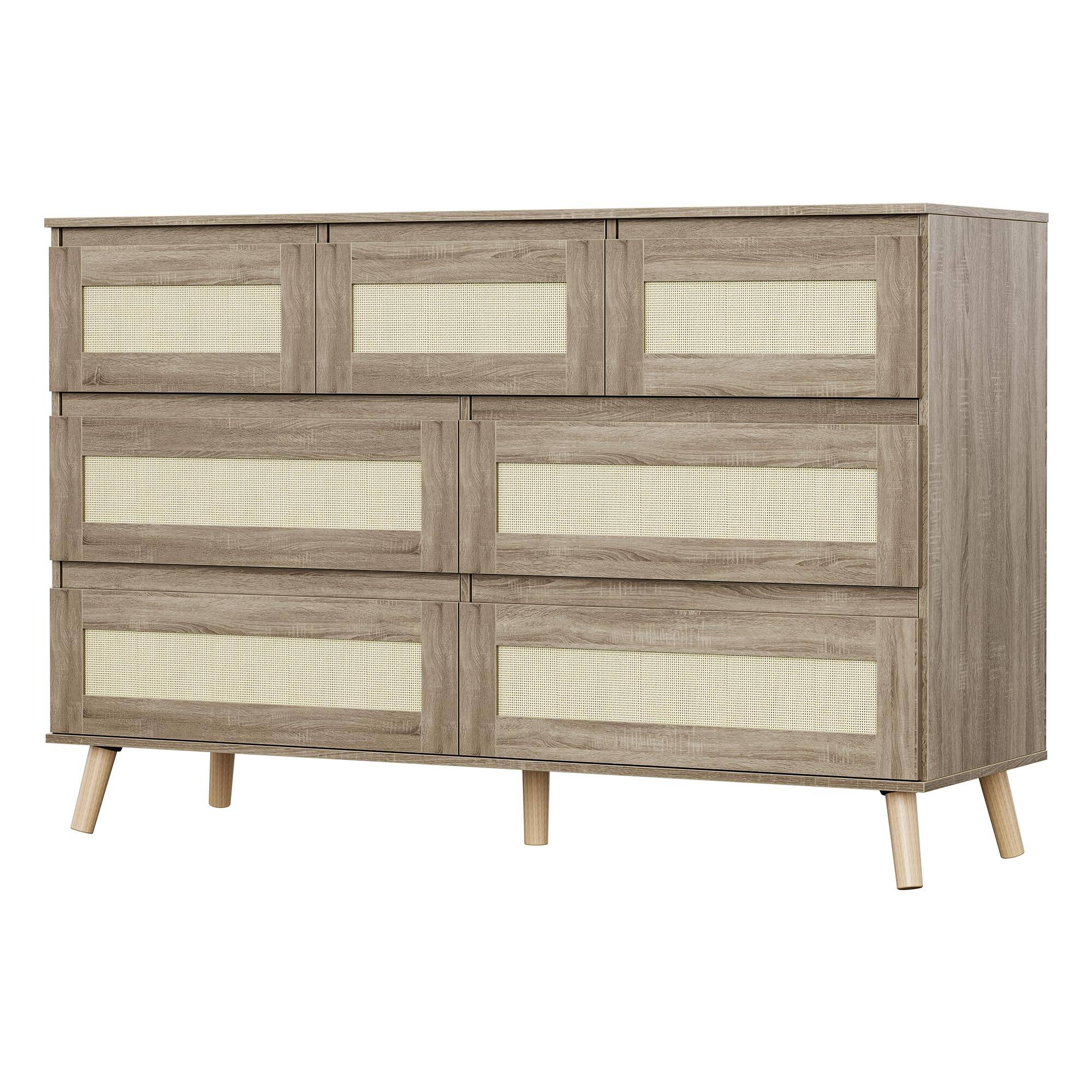 Front. GARVEE - Wood Dressers for Bedroom with 7 Drawers, Boho TV Stand Dresser for 55 inch TV - Natural.