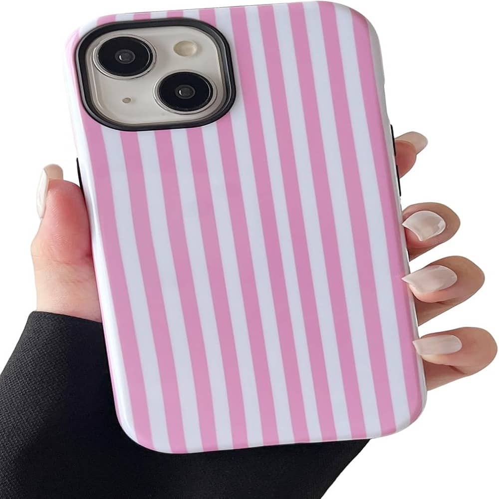 ACJPR - iPhone 13/14 Case, Striped Design, Shockproof, TPU/PC, Pink - Color: Pink Size: 6.1" for iPhone 13/14