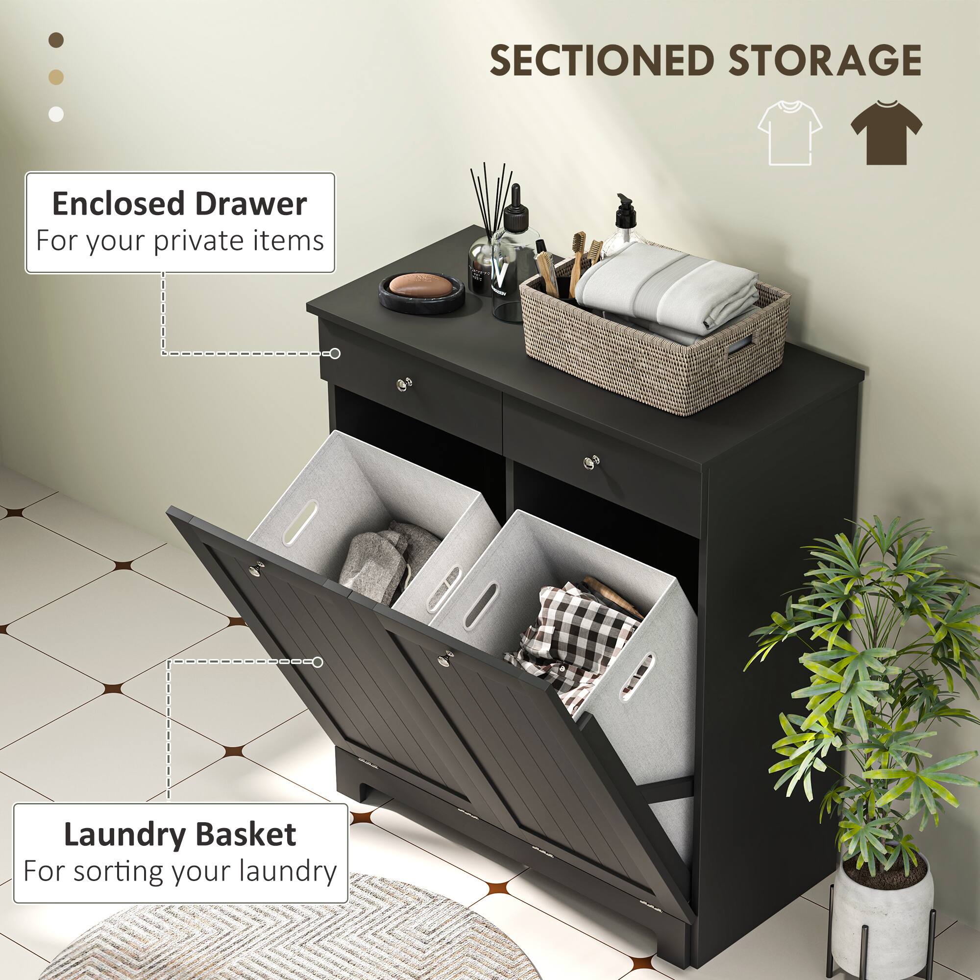SECTIONED STORAGE

Enclosed Drawer  
For your private items

Laundry Basket  
For sorting your laundry