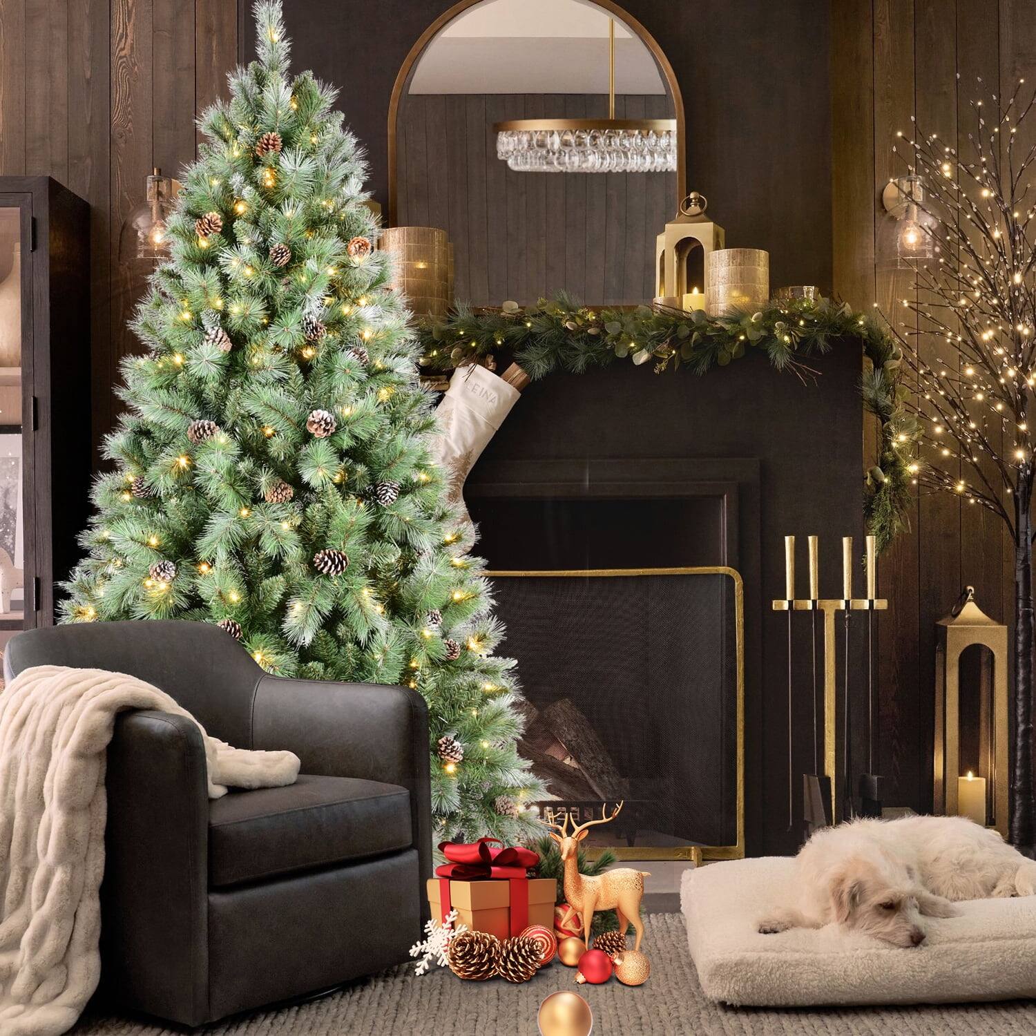 Back. Pefilos - 6ft Artificial Green Tree with 988PVC Branches & Pinecones, 300L LED Lights, Hinged Premium Quality for Indoor Decor - Green.