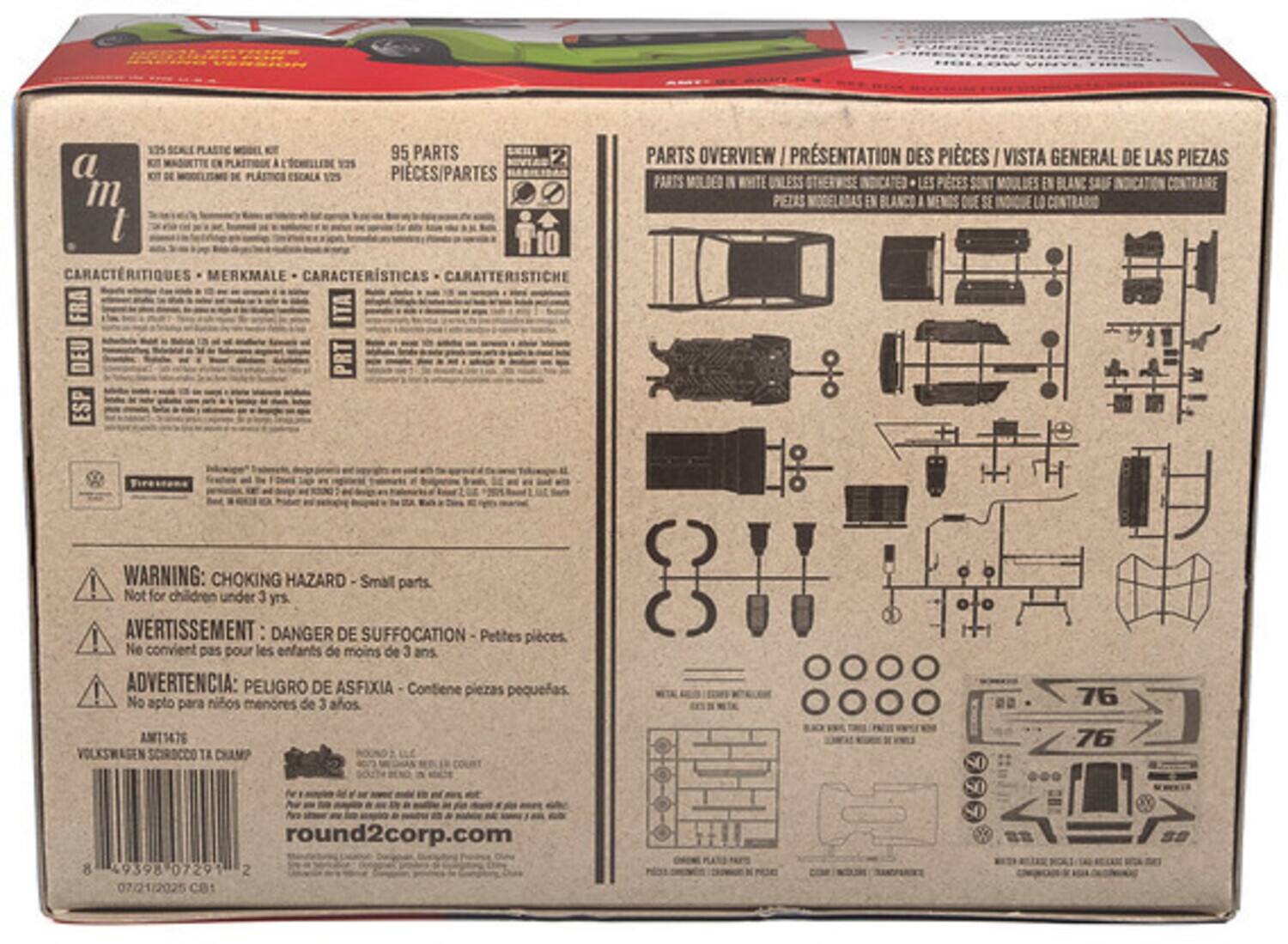 125 95 PARTS  
125 2 a KI DE PLASTICS ESCALA  
125 PIECES/PARTES  
CARACTERISTIQUES MERKMALE CARACTERISTICA CARATTERISTICHE  
FR ITA DEU PRT ESP  
PARTS OVERVIEW / PRÉSENTATION DES PIÈCES / VISTA GENERAL DE LAS PIEZAS  
PARTS MOLDED IN WHITE UNLESS OTHERWISE INDICATED / LES PIÈCES SONT MOULÉES EN BLANC SAUF INDICATION CONTRAIRE / PREMIAS MOLDEADAS EN BLANCO A MENOS QUE SE INDIQUE LO CONTRARIO  

WARNING: CHOKING HAZARD - Small parts. Not for children under 3 yrs.  
AVERTISSEMENT: DANGER DE SUFFOCATION - Petites pièces. Ne convient pas pour les enfants de moins de 3 ans  
ADVERTENCIA: PELIGRO DE ASFIXIA - Contiene piezas pequeñas. No apto para niños menores de 3 años  

AMT147 SCIROCCO TA CHAMP  
round2corp.com  
49398 072